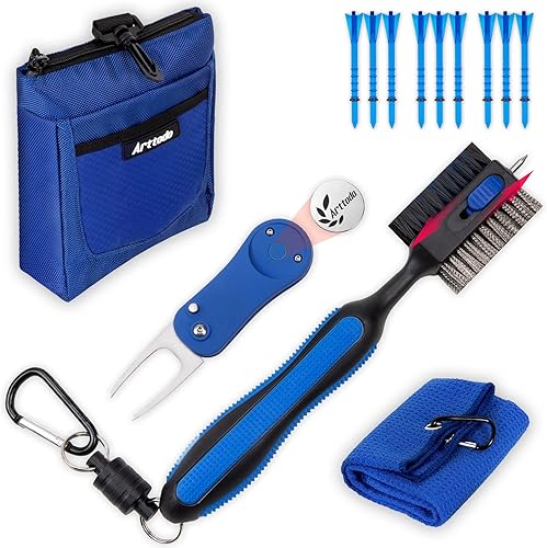 Golf Club Cleaning Kit (13 in 1) - Golf Towel, Golf Club Cleaner, Golf Tees, Divot Repair Tool with Golf Ball Marker, Golf Pouch, Golf Accessories