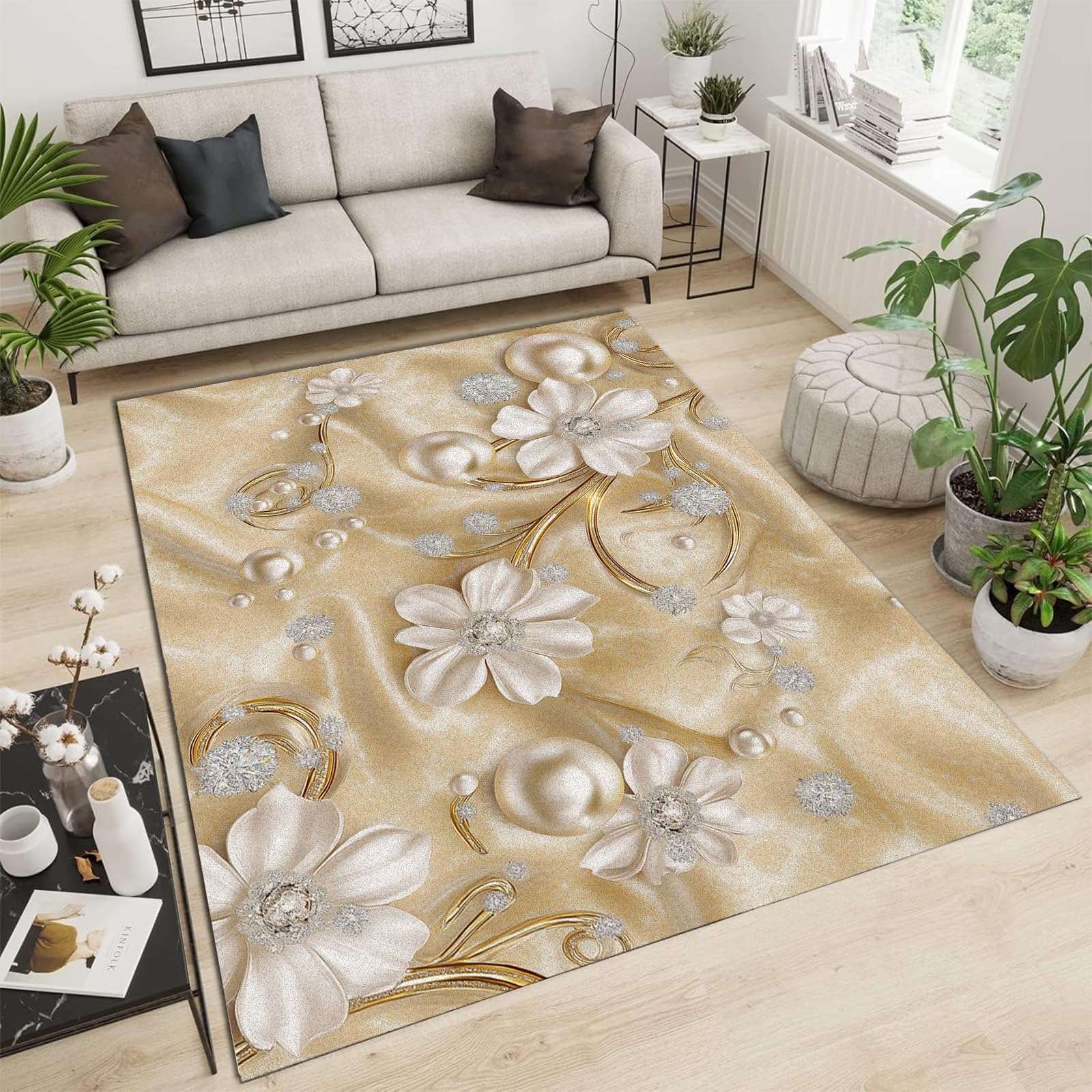 Tapis de salon doux et résistant à poil court fin fleurs de perles