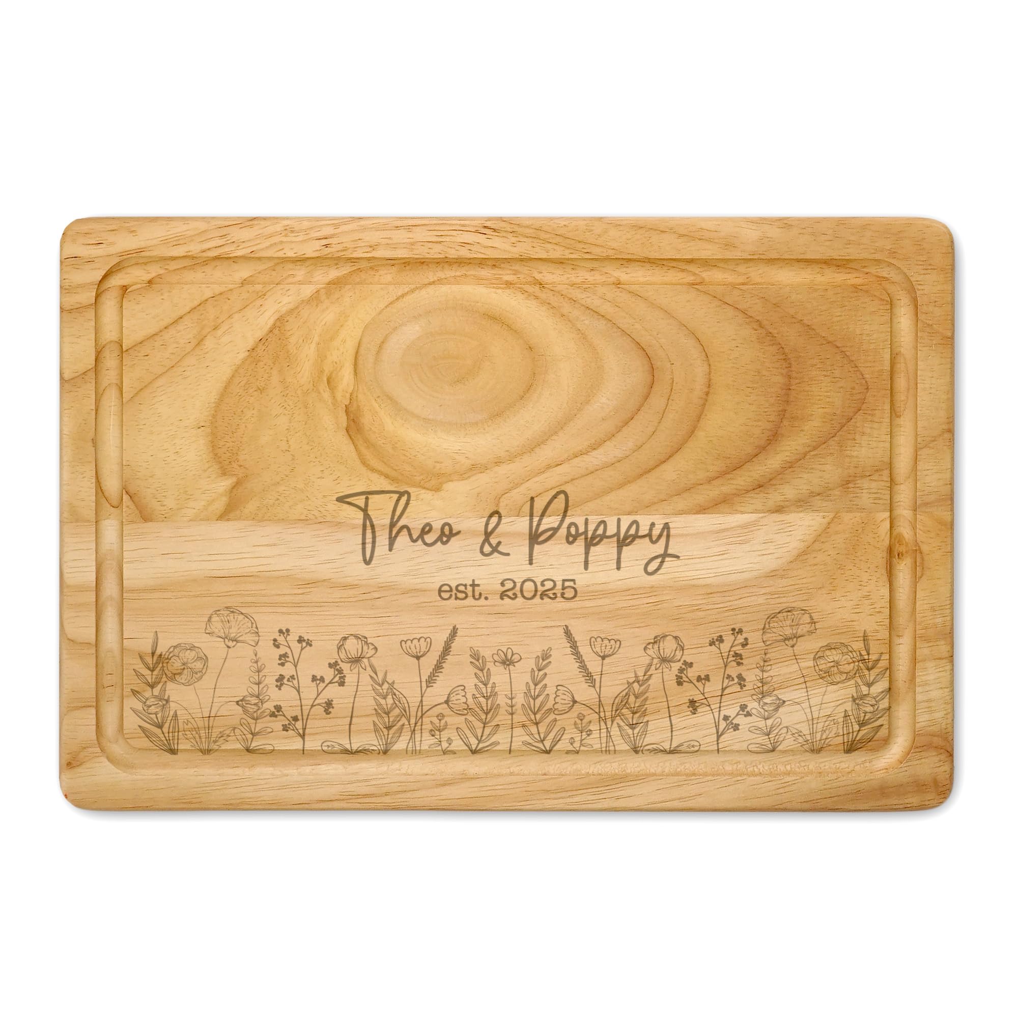 Personalised Wild Flowers Engraved Small Wooden Chopping Board Cheese Board Serving Board Novelty Gift Birthday Christmas Housewarming Wedding (Small - (300mm x 200mm))