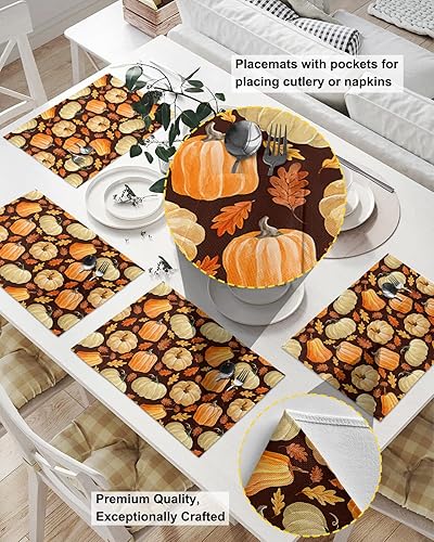 Miniatura 2 de Fall Pumpkins Table Placemats for Dining Table Set of 2,Cotton Linen Cloth Kitchen Place Mats with Pocket,SquareRectangleRound Table