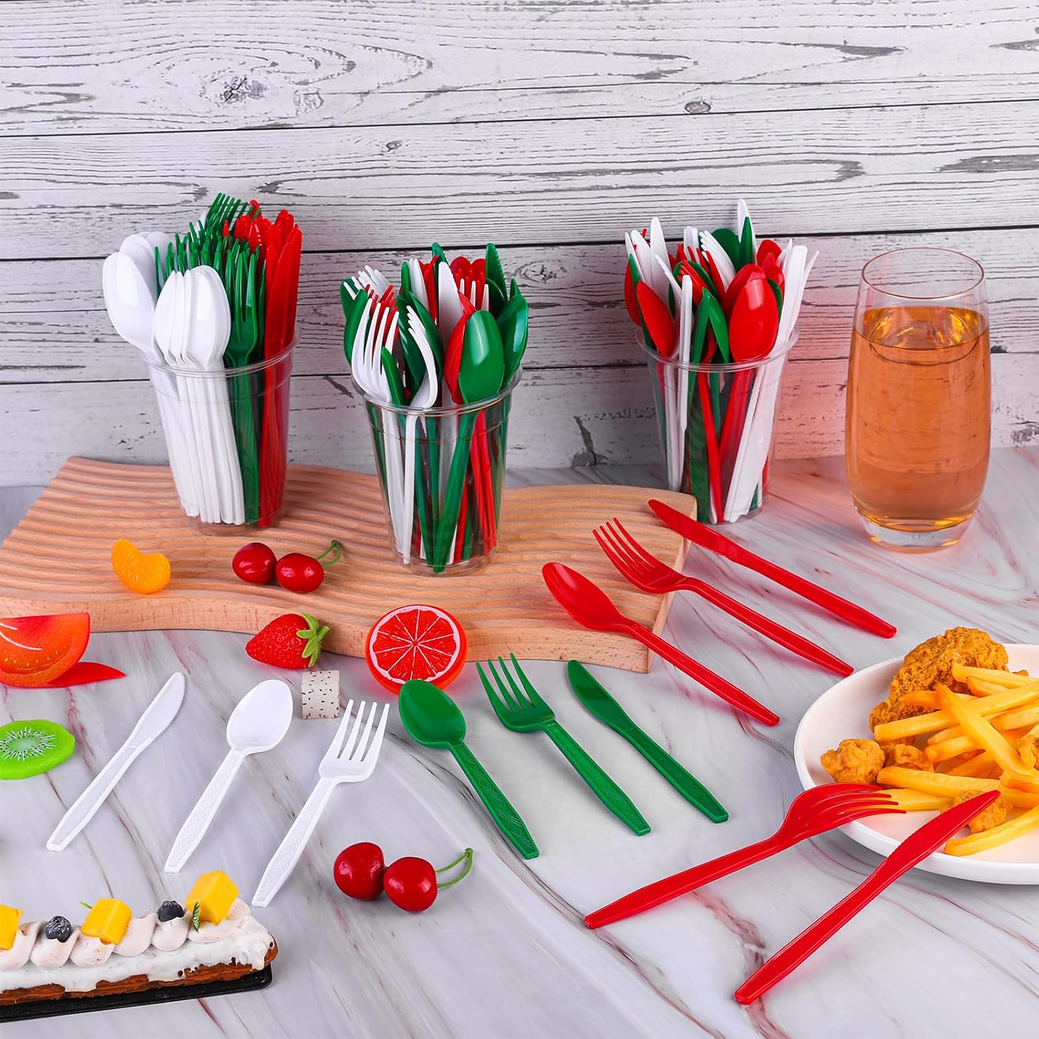 Kochorie 360 Pcs Christmas Plastic Silverware Disposable Flatware Christmas Plastic Cutlery Red Green White Forks, Knives and Spoons Set Plastic Serving Silverware for Xmas Holiday Party Supplies