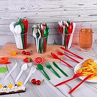 Vista 4 de Kochorie 360 cubiertos de plástico desechables de Navidad cubiertos de plástico para Navidad, rojo, verde, blanco, tenedores, cuchillos y cucharas