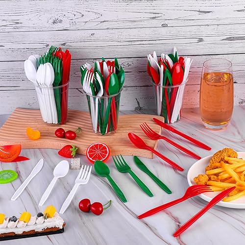 Miniatura 4 de Kochorie 360 cubiertos de plástico desechables de Navidad cubiertos de plástico para Navidad, rojo, verde, blanco, tenedores, cuchillos y cucharas,
