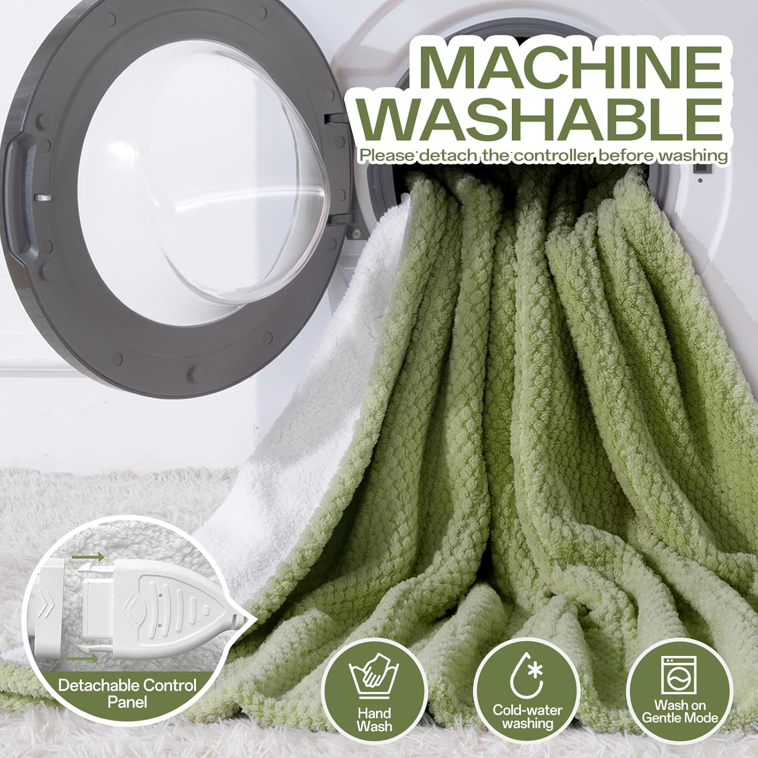 Heated Throw Electric Blanket, 50x60 Inches Fuzzy Fleece Blanket, Soft Fluffy Fast Heating Blanket 8 Heating Levels & 8 Hours Auto Off, Blanket with ETL & FCC Certification, Green - Image 6