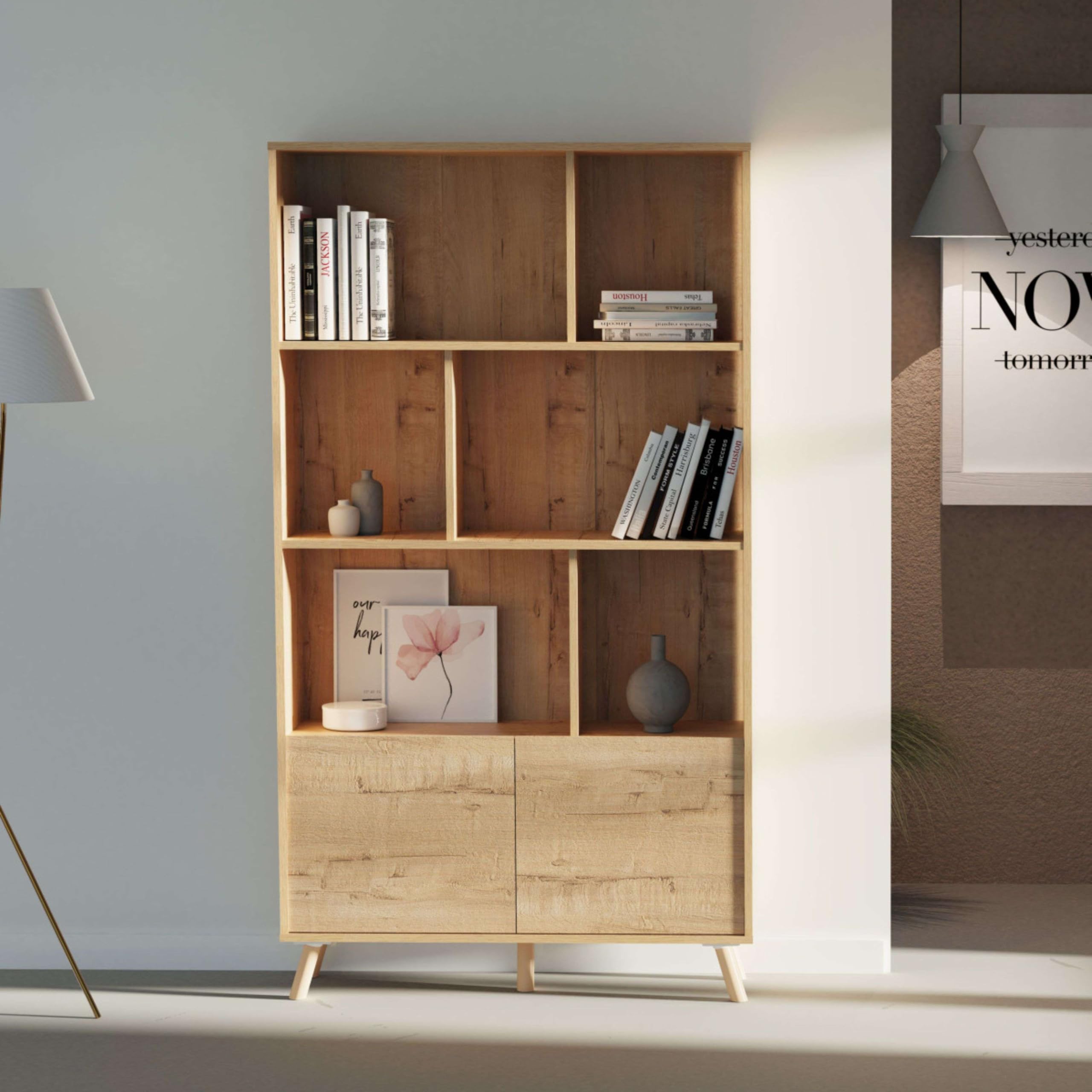 MUEBLES PITARCH | Librería de Salón, Oficina o Despacho, 2 Puertas y 3 Estantes, Patas, Roble Gold, 179x100x30cm (Alto x Ancho x Fondo), Moderna, Nórdica, Elegante, Resistente, Modelo Oslo