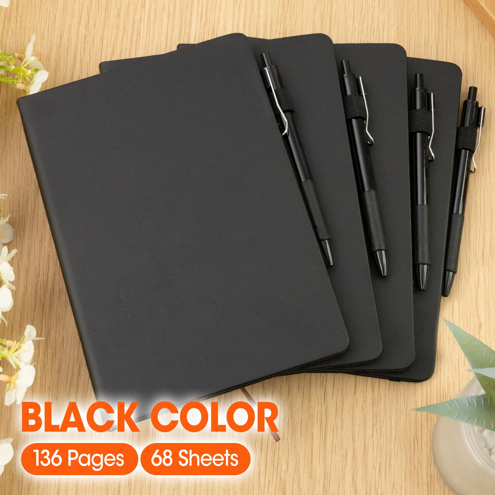 Confezione da 20 quaderni a righe con penna, formato A5, copertina rigida in pelle, 14 x 21,1 cm, nero, 136 pagine a righe e set di penne, per ufficio, scuola e lavoro