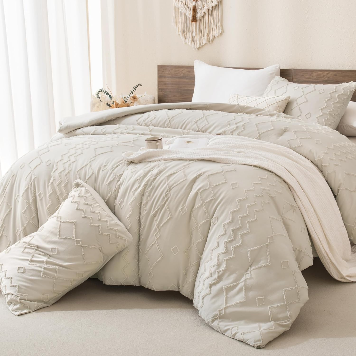 Andency King Comforter Set Beige, Textured Farmhouse 3 Pieces (1 Boho Comforter, 2 Pillowcases), Soft Microfiber Down Alternative Geometric Bedding Set (104x90 Inch) - Image 7