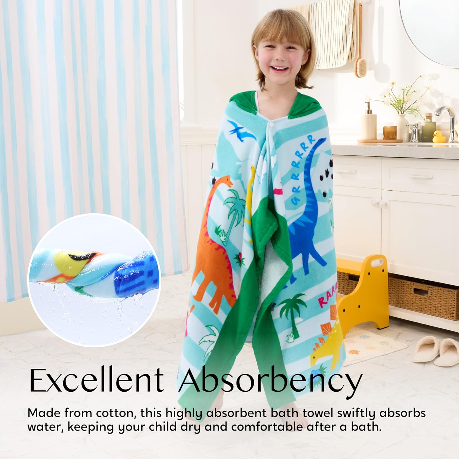 Joiedomi Hooded Towels for Kids Dinosaur Print Soft 100% Cotton Kids Beach Towel 30" x 50" for 3-10 Years Boys Girls Beach Hooded Poncho Absorbent Pool Toddler Swim Bath Wrap - Image 2