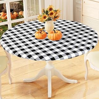 misaya Round Fitted Tablecloth with Elastic Edge, Buffalo Plaid Waterproof Vinyl Flannel Backed Table Cloth Cover Fits 25"-30" Round Tables for Dinner, Outdoor, Picnic, Black White Check
