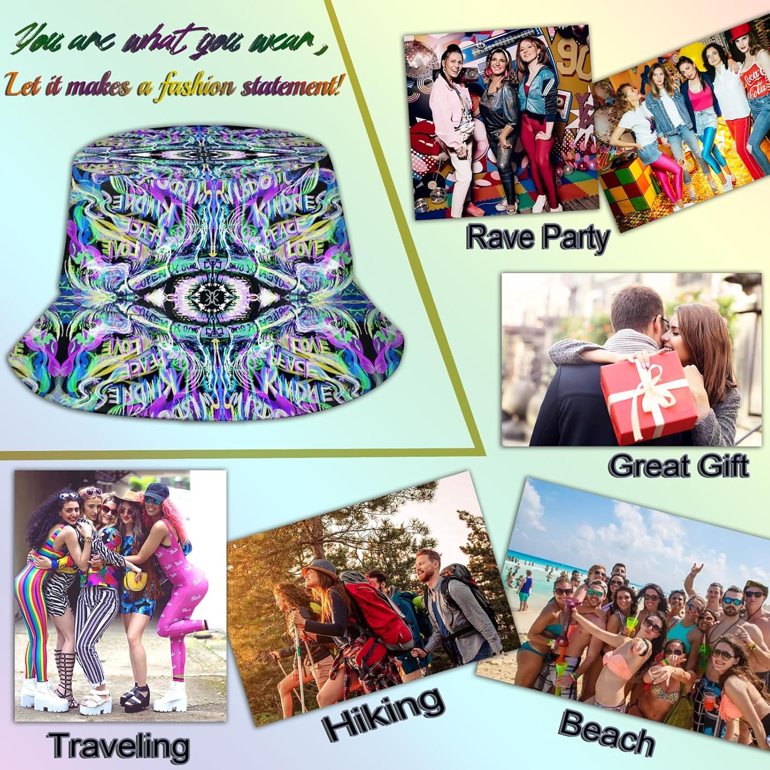 NASIAN Psychedelic Trippy Rave Bucket Hats for Women Men Outdoor Travel Beach Sun Hat Festival Outfits - Image 5