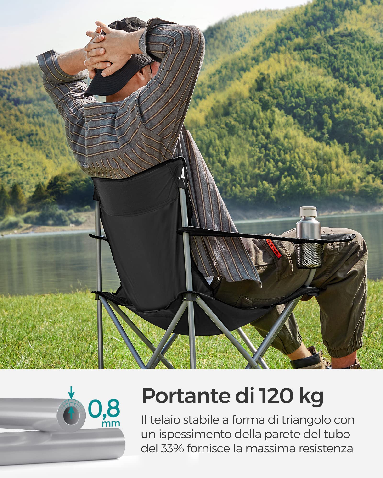 SONGMICS Sedie da Campeggio, Set di 2 Sedie da Esterno, con Braccioli, Portabicchiere, Portatile, Pieghevole, Portante di 120 kg, per Campeggio, Giardino, Spiaggia, Terrazza, Nero GCB01BK