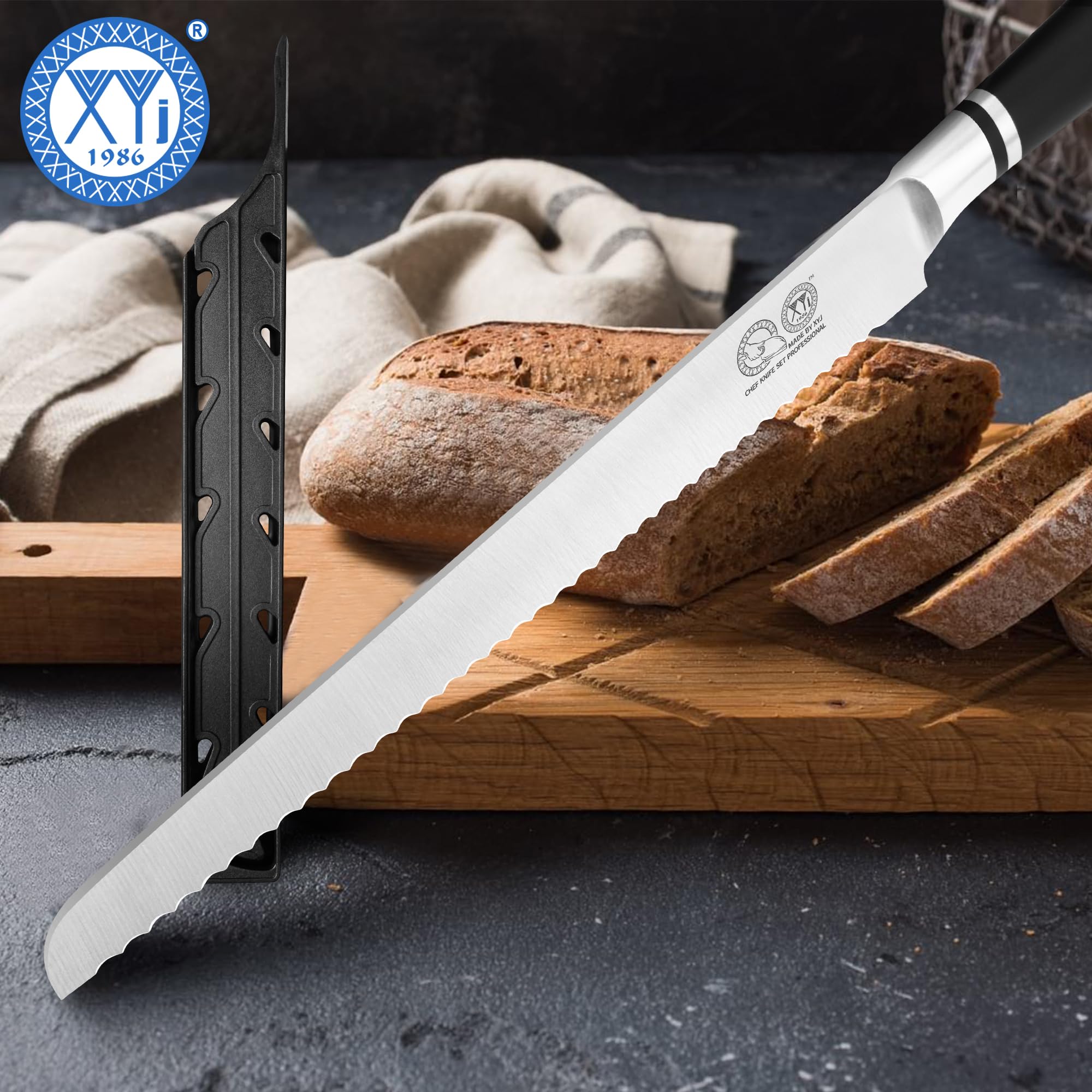 XYJ Authentic Since 1986, japoński nóż do chleba 10,5 cala, stal nierdzewna Serrated Blade Bread Cutting Knife with Cover, Serrated Cake Tool for Home Kitchen Camping