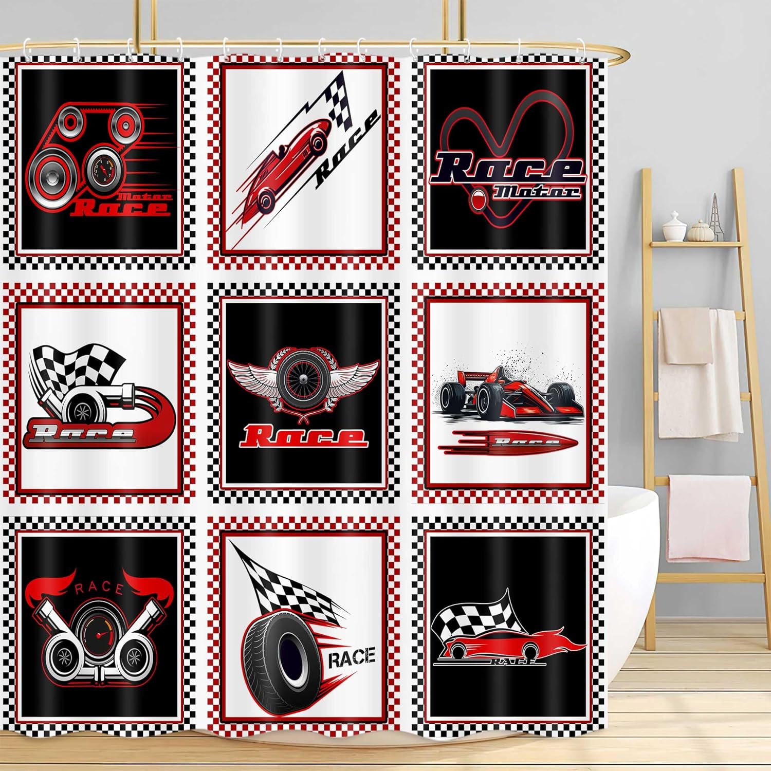 DYNH Racing Car Shower Curtain,Black Red Checkered Racing Signs Bathroom Curtain,Kids Boys Teens Men Race Fans Waterproof Fabric Bathroom Decor with Hooks,70X75 in