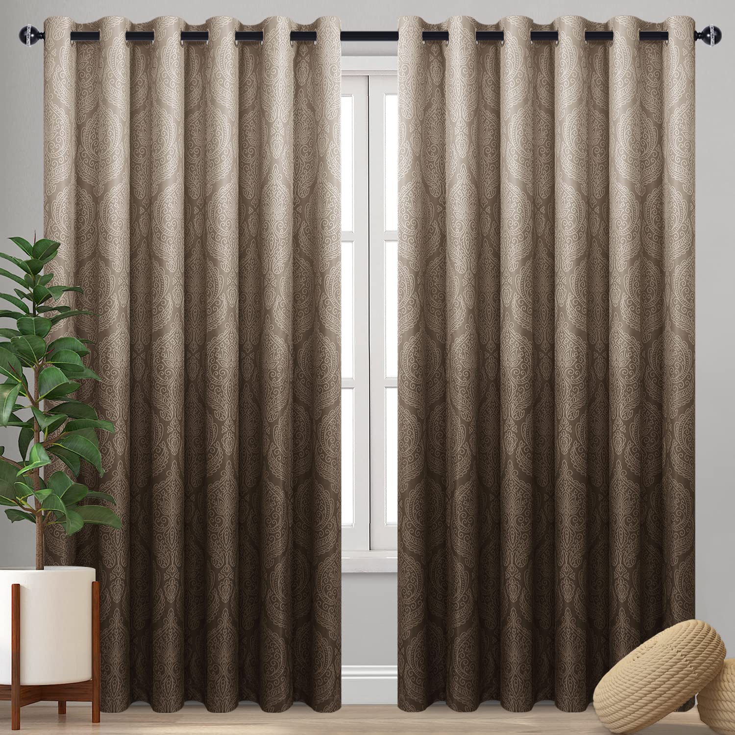 DWCN Ombre Blackout Curtains for Living Room - Thermal Insulated Block Light Energy Saving Privacy Gradient Damask Grommet Window Curtains for Bedroom, Set of 2 Panels, 100 x 96 Inch Length, Brown โ image 1