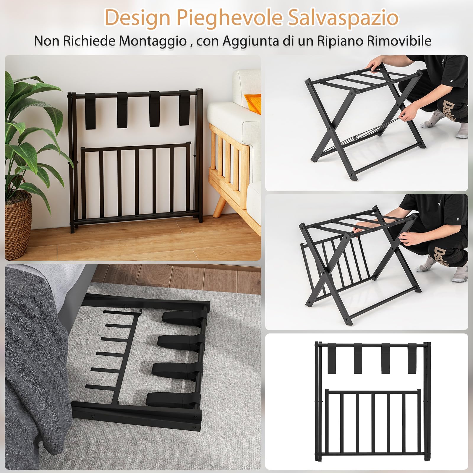 SOARS Portavaligie Pieghevole in Metallo 2 Pezzi 68x45x57 cm Cavalletto Reggivaligie Multiuso con 2 Ripiani Portata 80 kg Nero