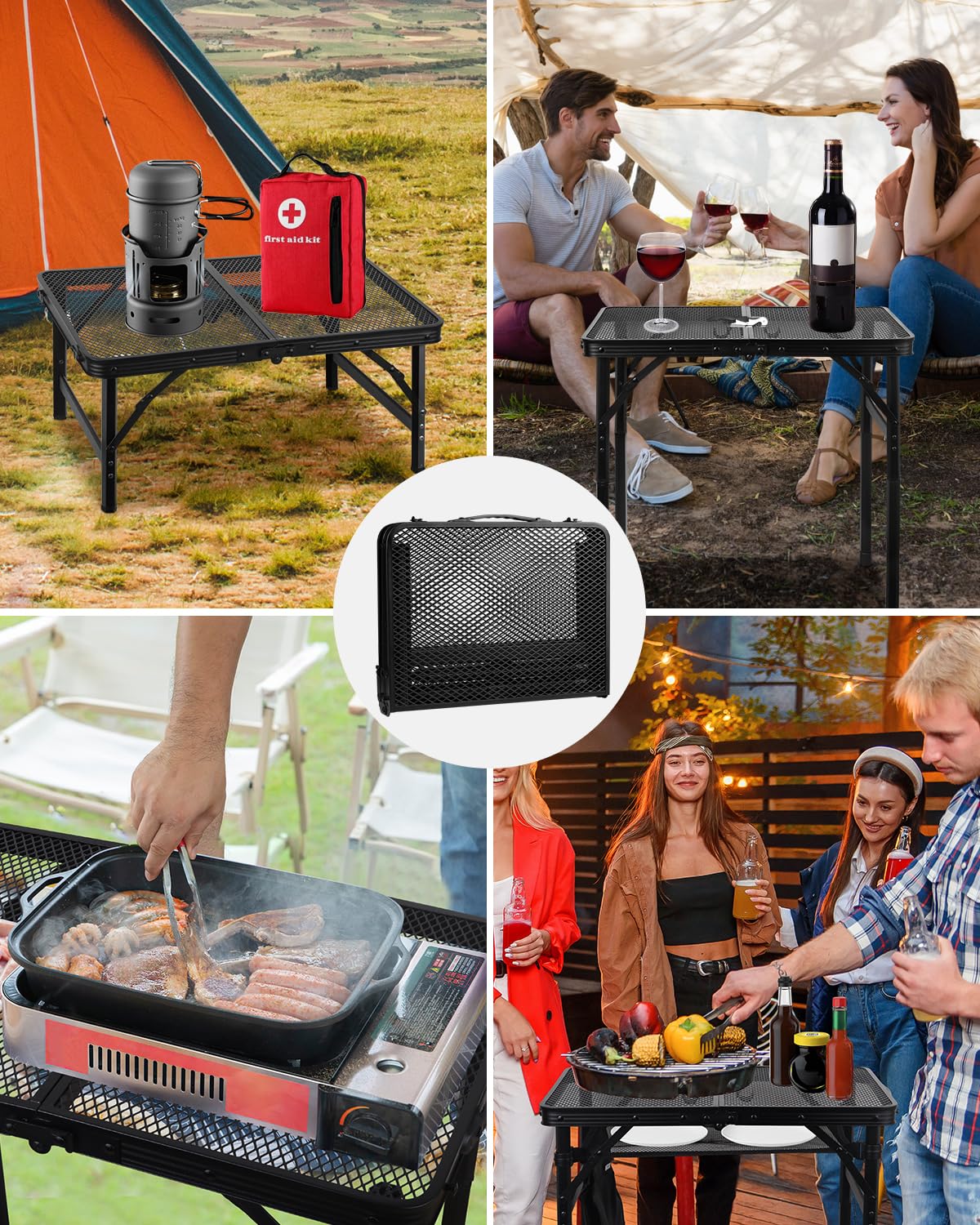 MSDADA Table de gril pliante, réglable en hauteur, bureau et sac en maille, portable pour camping, pique-nique, terrasse, salle à manger, barbecue, fête, noir, 60 x 40 cm