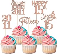 Vista 118 de 30 piezas de decoraciones para pastel de cumpleaños número 10, decoraciones de cupcakes negras con brillo, 10 feliz cumple, directo desde 2016, 10