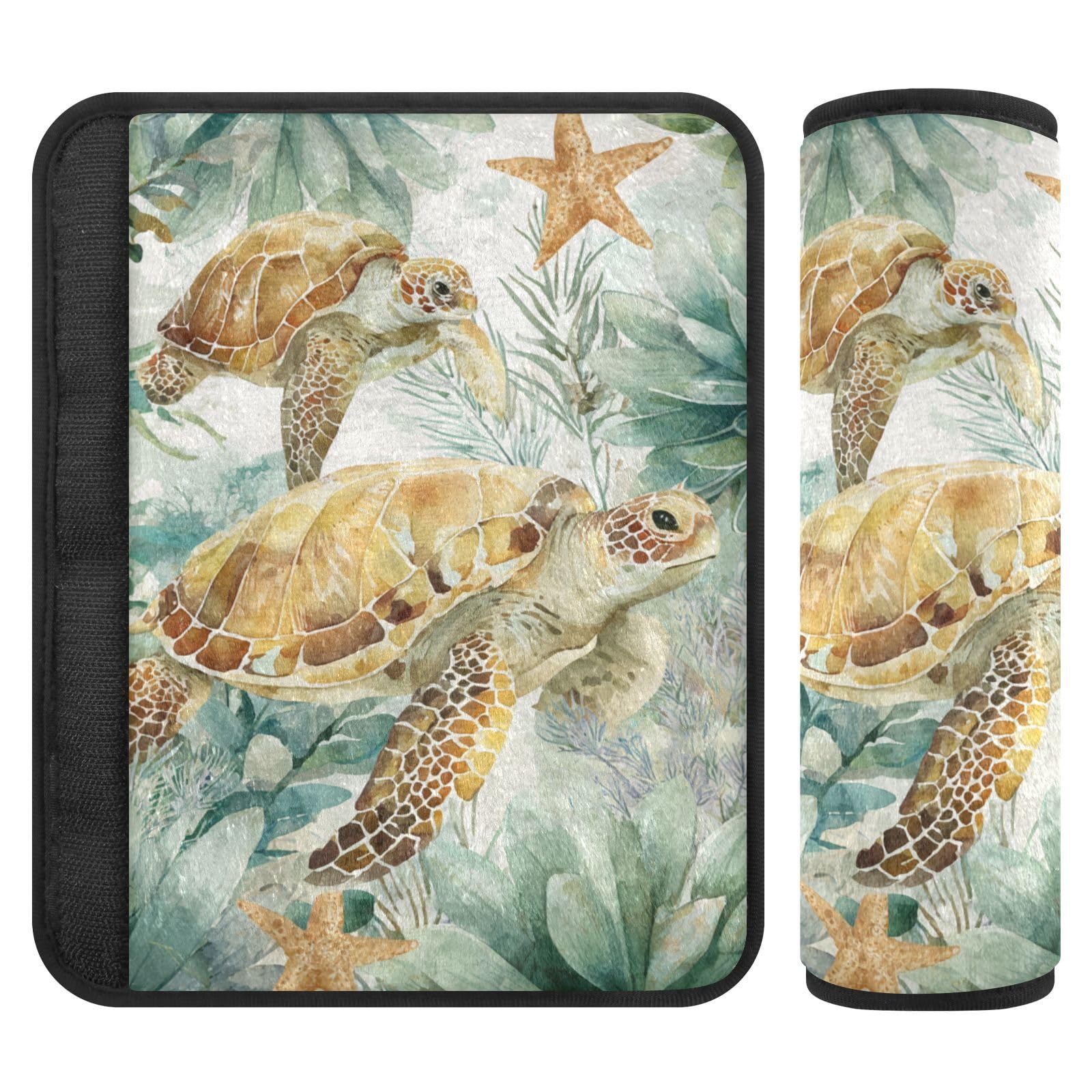 Sea Turtle Starfish Plants Seat Belt Cover Pad 2 Pcs Soft Cute Seatbelt Covers Protector Support Head Neck Shoulder Strap for Car Seats High Chair Backpack for Adults Kids Women Men 10x7.7In 2