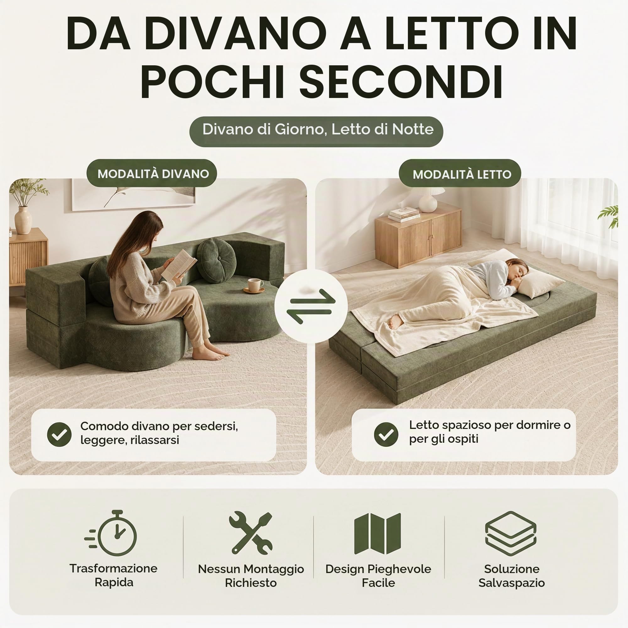 Divano Letto Pieghevole in Schiuma con Rivestimento Lavabile
