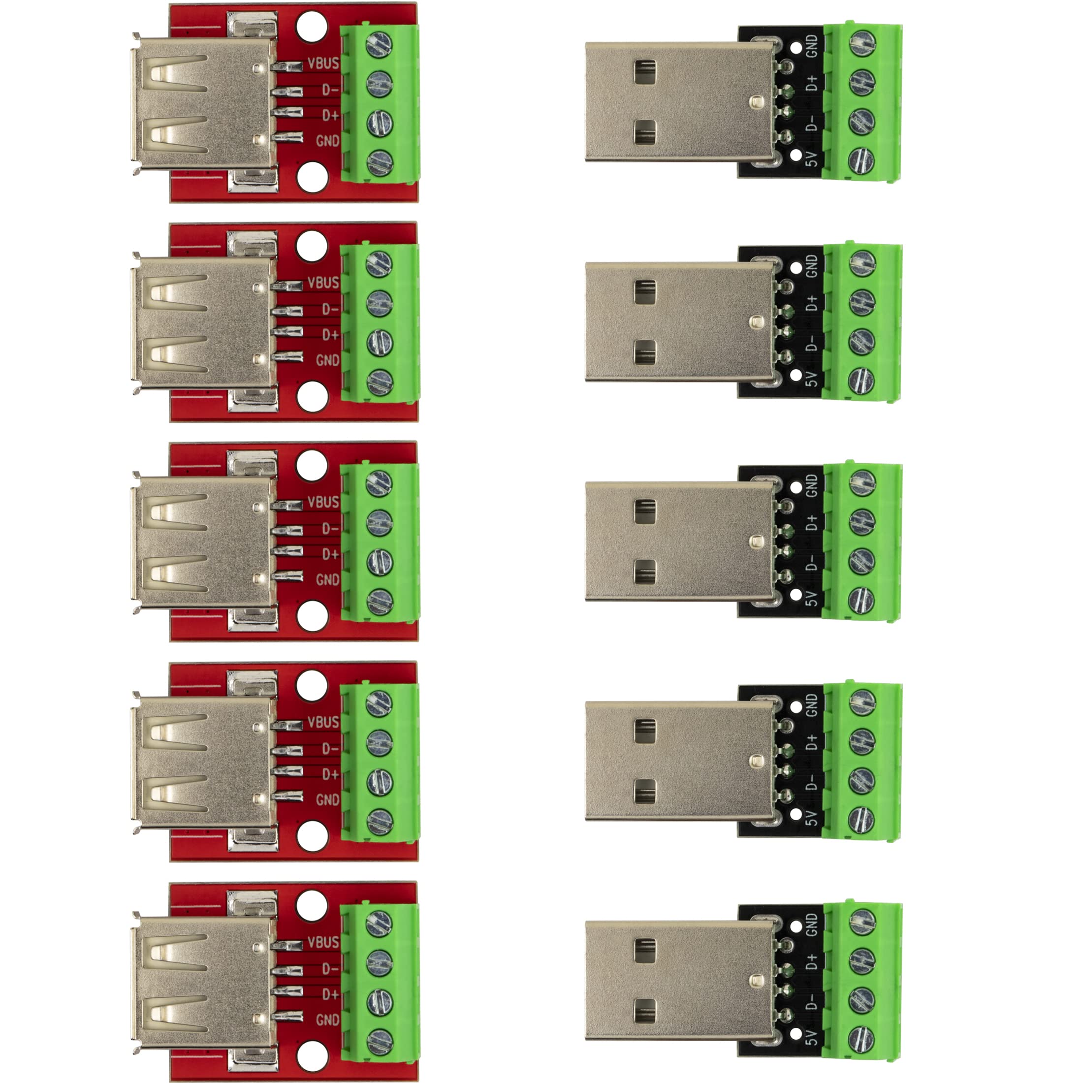 naughtystarts USB Type A Male and Female Breakout Board Kit 4Pin USB to DIP Adapter with 3.81mm / 0.15" Terminal Blocks (Pack of 5pair / 10pcs)