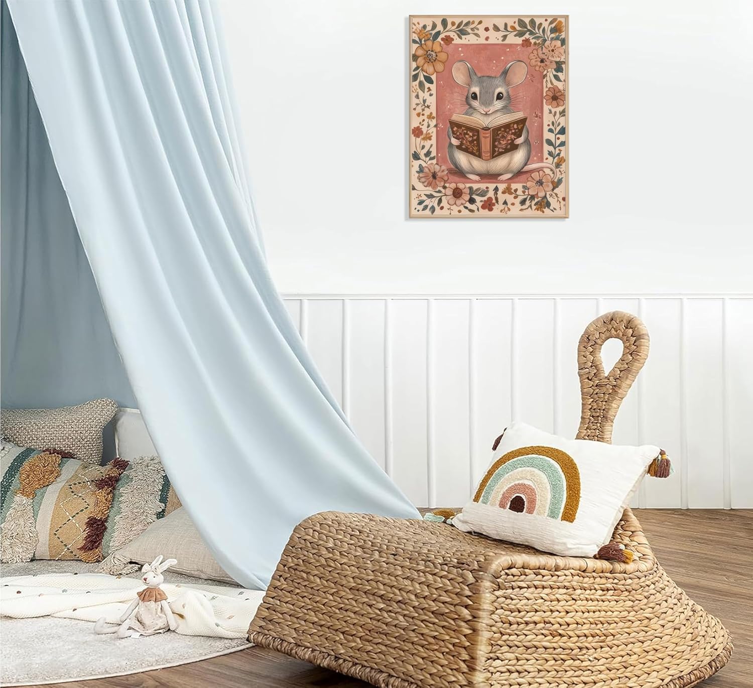 Nursery Book Wall Art Whimsical Reading Mouse Canvas Print Vintage Aesthetic Book Poster Inspirational Educational Picture Reading Lovers Painting Wall Decor for Library Reading Room Bedroom Unframed