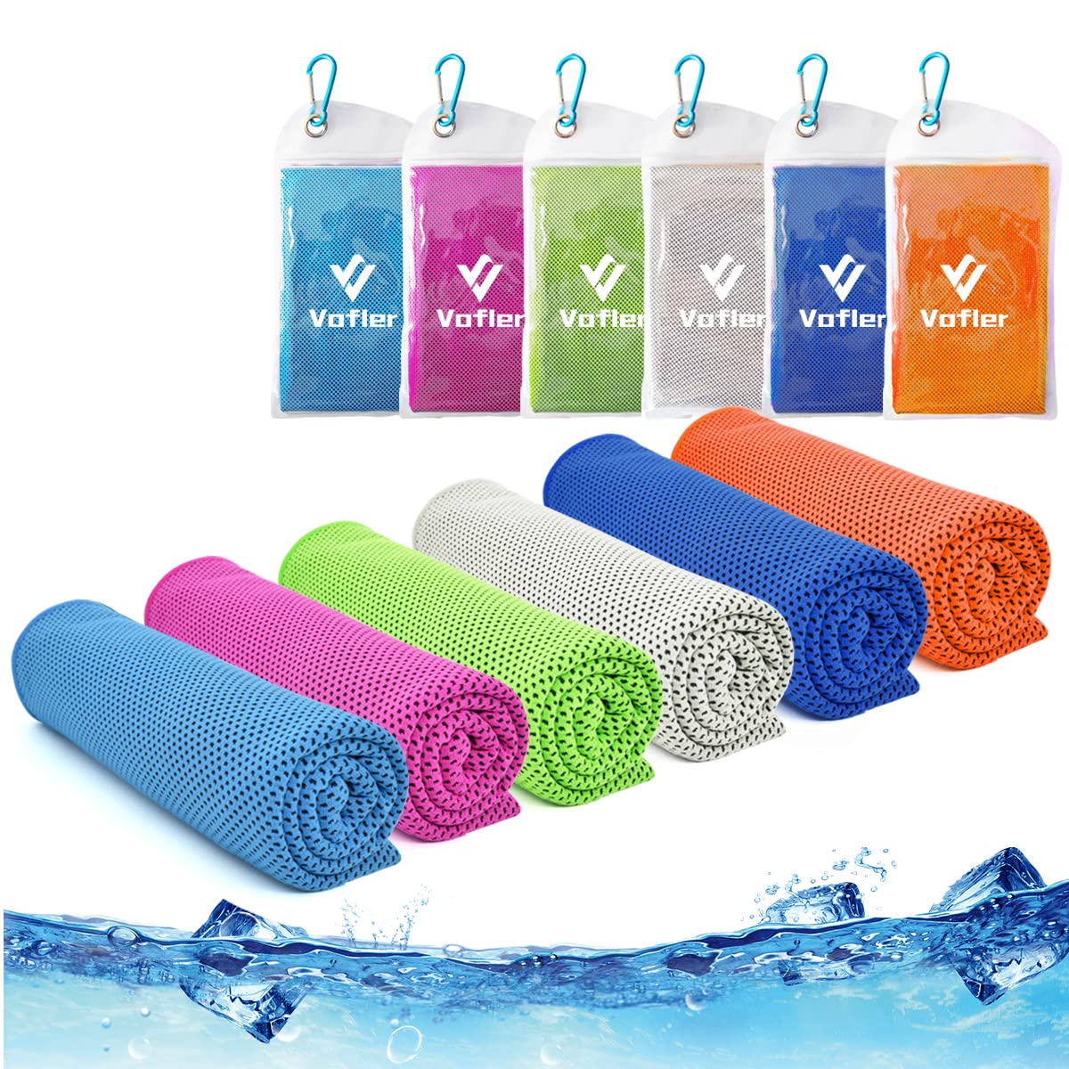 cooling towel,vofler 6 pack cool towels microfiber chilly ice cold head band bandana neck wrap (40"x 12") for athletes men women youth kids dogs yoga outdoor golf running hiking sports camping travel