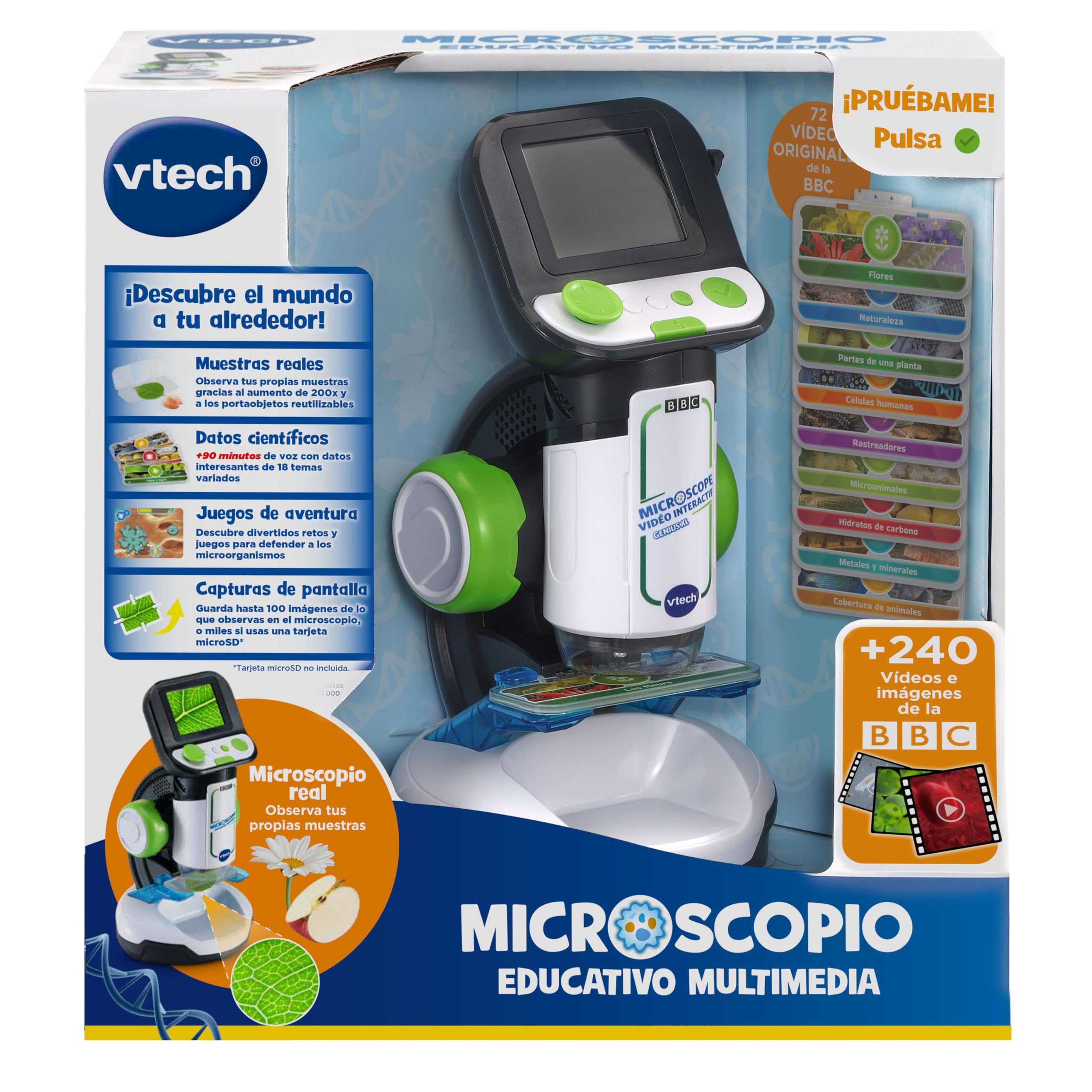 VTech - Microscopio Educativo Multimedia, Microscopio para niños +7 años, 240 imágenes y vídeos de la BBC, Juguete cientifico Educativo, Pantalla Digital a Color, Contenido en español