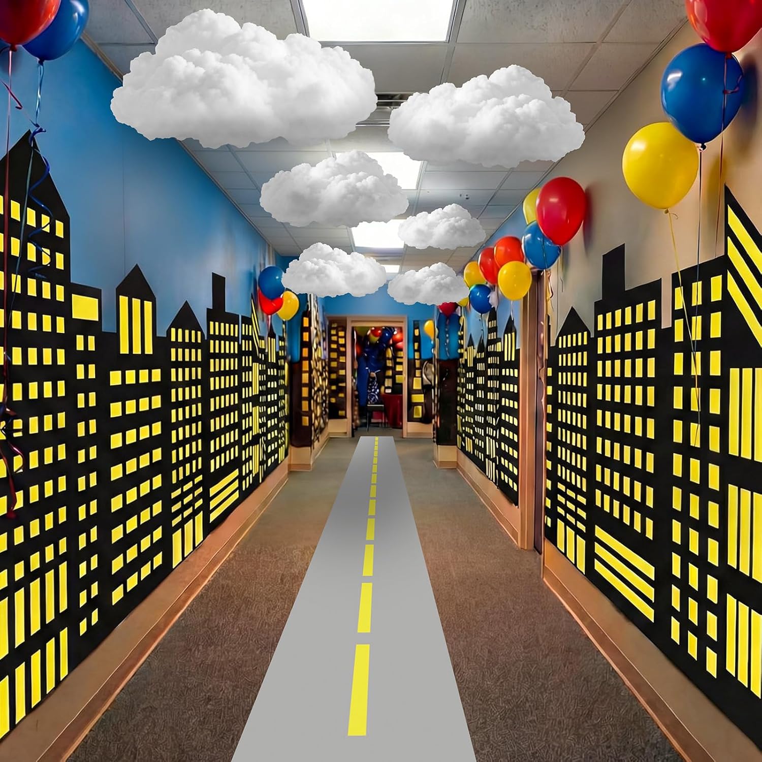 Preboun Hero Theme Party Decorations Skyscraper City 8.2x3.3 ft Backdrop with 9.8x1.3ft Road Rug Fake Clouds Modern City Backdrop Hero Birthday Decor for Hallway Wall Background Photo Props