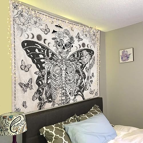 Miniatura 6 de SVBright Tapiz de tela de calavera para colgar en la pared, 59 pulgadas de ancho x 51 pulgadas de alto, esqueleto de polilla, vintage, mariposa,