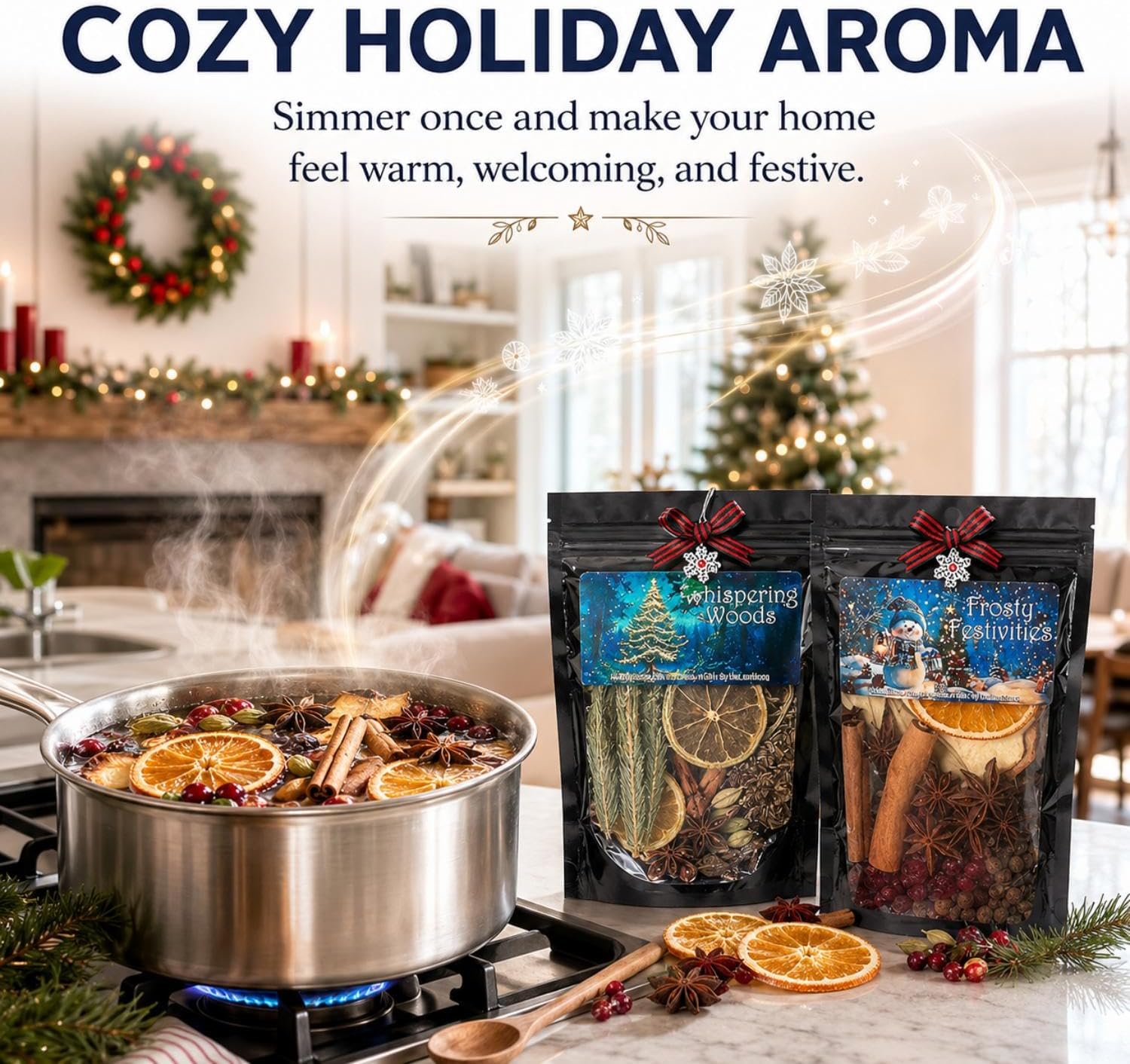 4 Pack Christmas Potpourri Simmer Kit with Buffalo Plaid Bow, Charm
