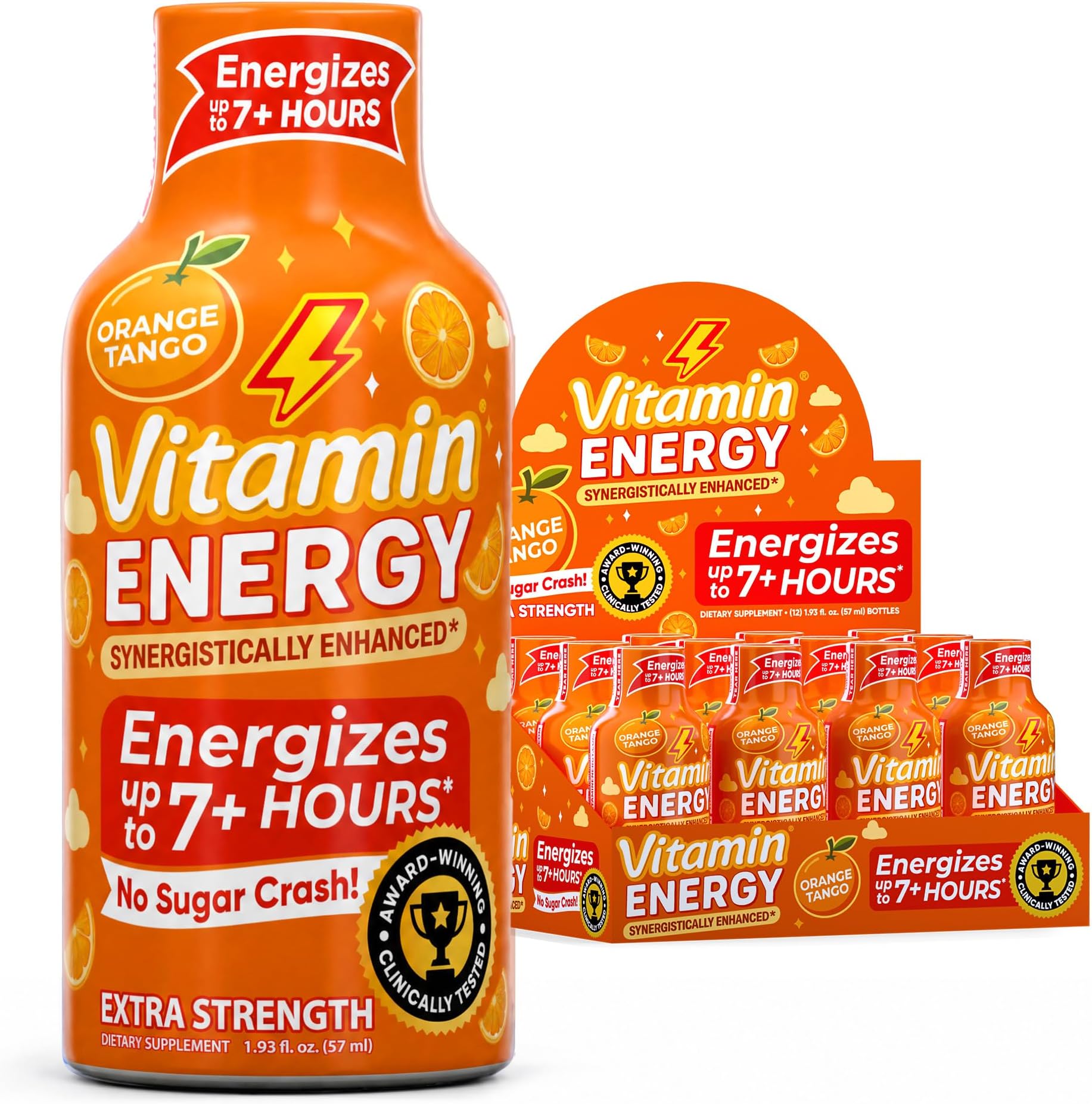 Vitamin Energy Orange Tango Extra Strength Energy Shot, 4 Pack - Up to 7 Hrs, 260mg Natural Caffeine, Zero Sugar - Green Tea Extract, Immune Support, B12 B6 Niacin, 1.93 fl oz, Keto Vegan