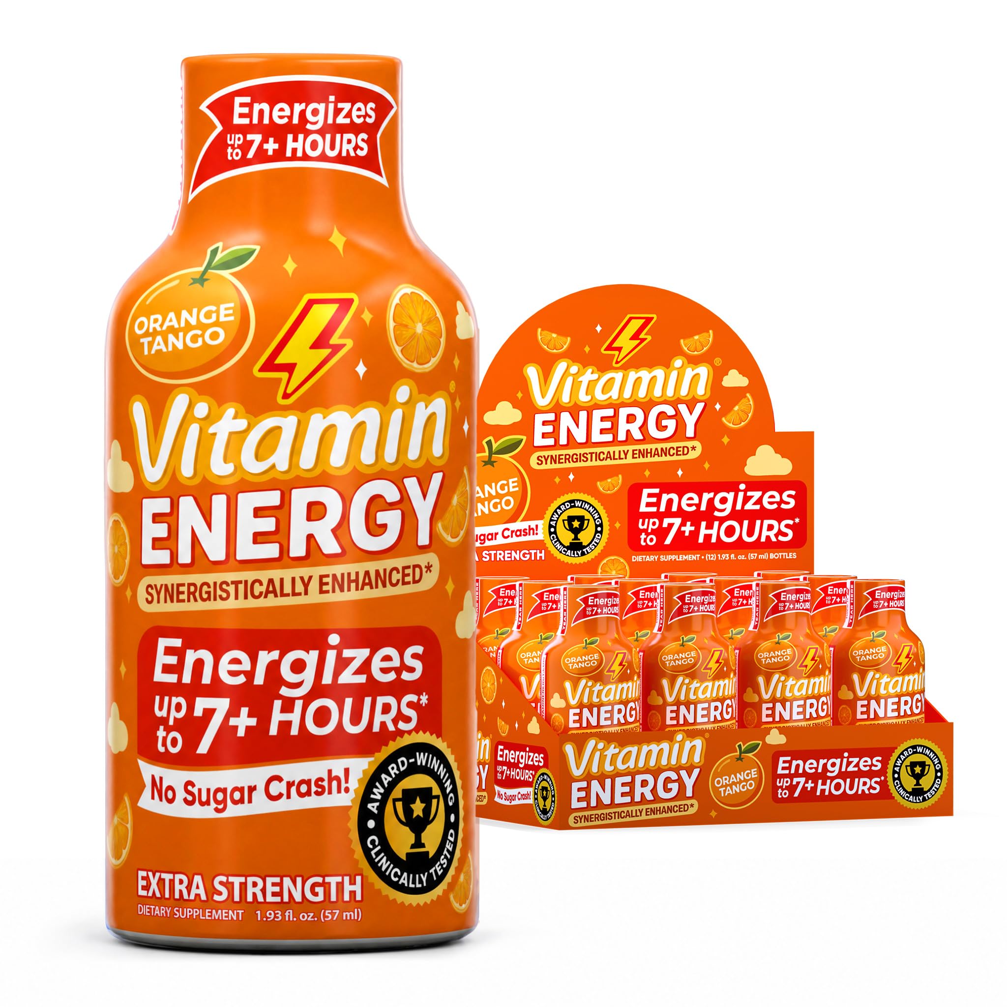 Vitamin Energy Orange Tango Extra Strength Energy Shot, 10 Pack - Up to 7 Hrs, 260mg Natural Caffeine, Zero Sugar - Green Tea Extract, Immune Support, B12 B6 Niacin, 1.93 fl oz, Keto Vegan