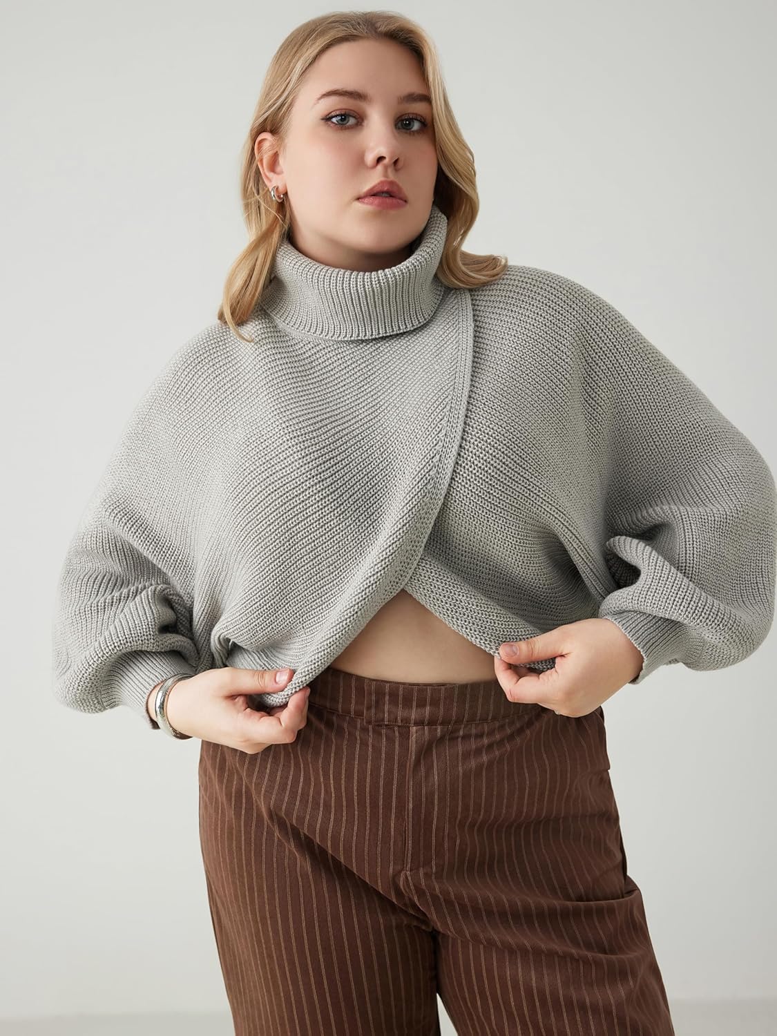 CIDER High Neck Solid Knitted Long Sleeve Crop Sweater Curve & Plus - Image 5