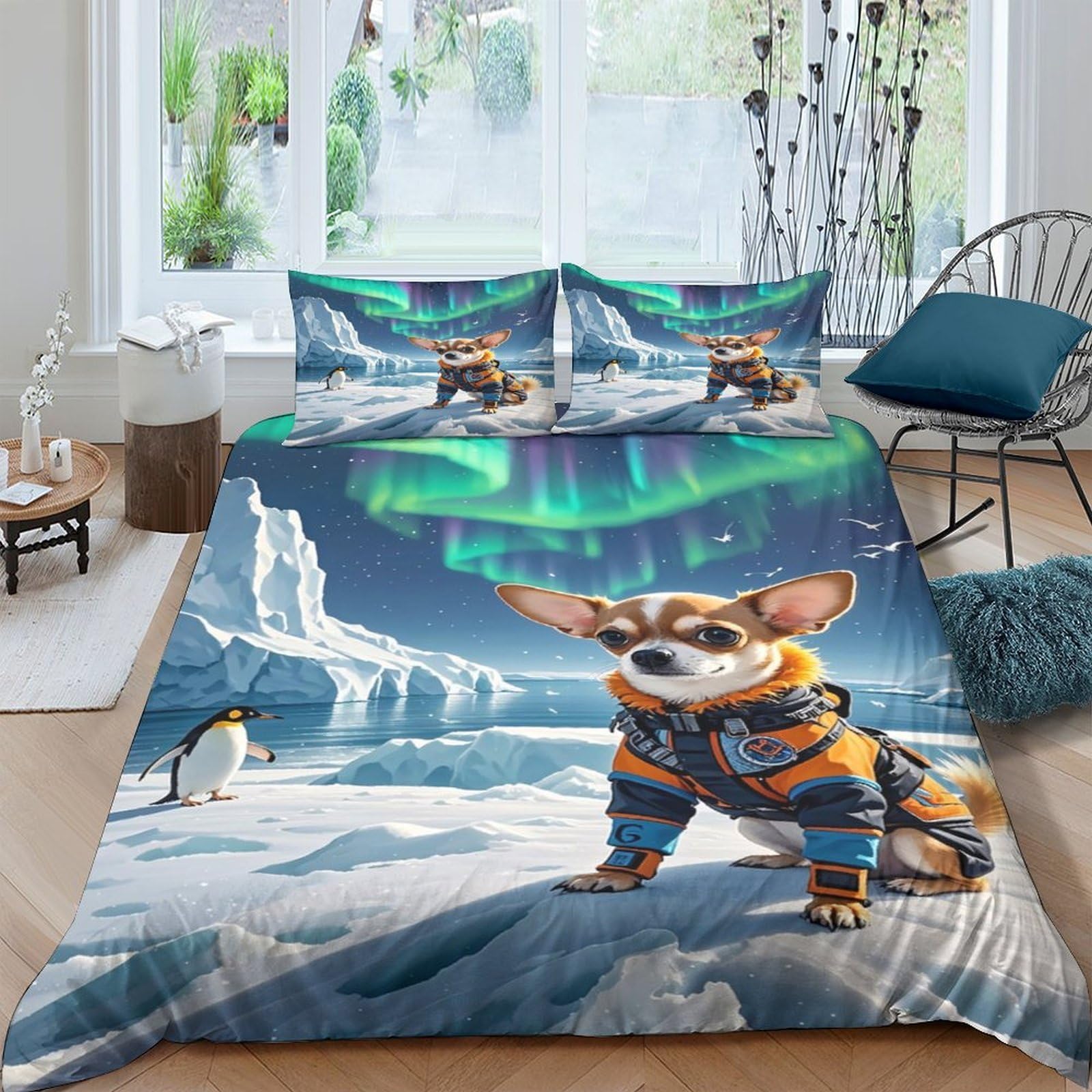 Ctjqhvkz Style-8 3D Printed Arctic Aurora Fitted Sheet Microfiber Soft Decorative Dog Penguin Bed Cover For Bedroom Dorm Guest Room Single（135X200cm）