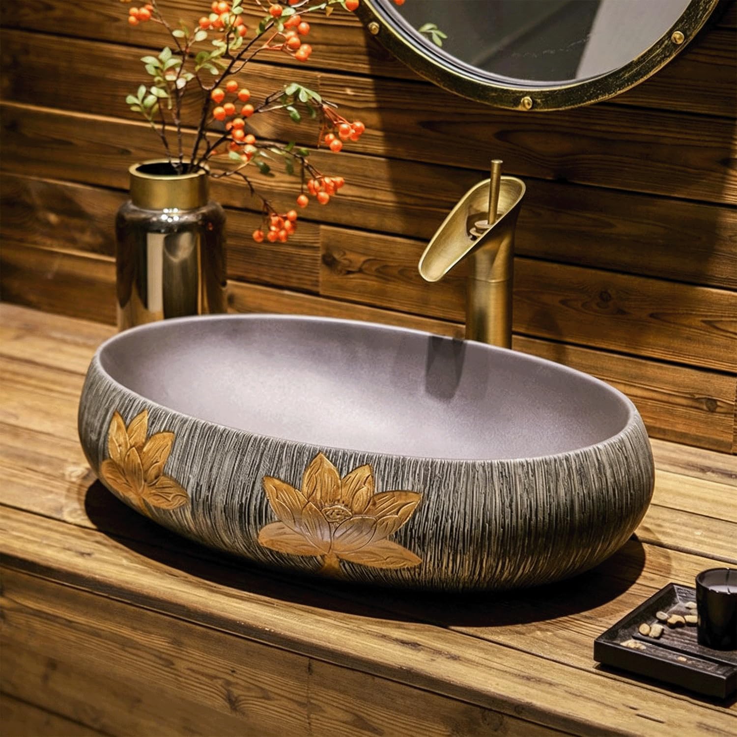 QjxSXLFSX Ceramic Vessel Sink,Ceramic Bathroom Sink Bowl, Handmade, high-temperature fired,brushed stripes,for Bathrooms and Homes,D,60×40×15cm
