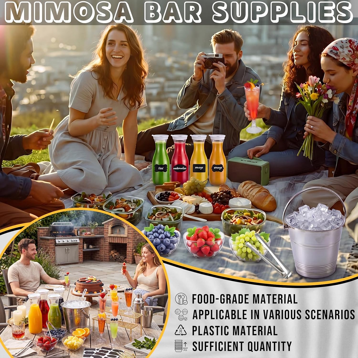 64 Pcs Mimosa Bar Supplies 34 oz Plastic Carafe Juice Bottle with Lids Champagne Flutes Ice Bucket Bowls Tongs Scoop with Toothpicks Stickers Hibiscus Cup Set for Water Milk Beer(Clear)