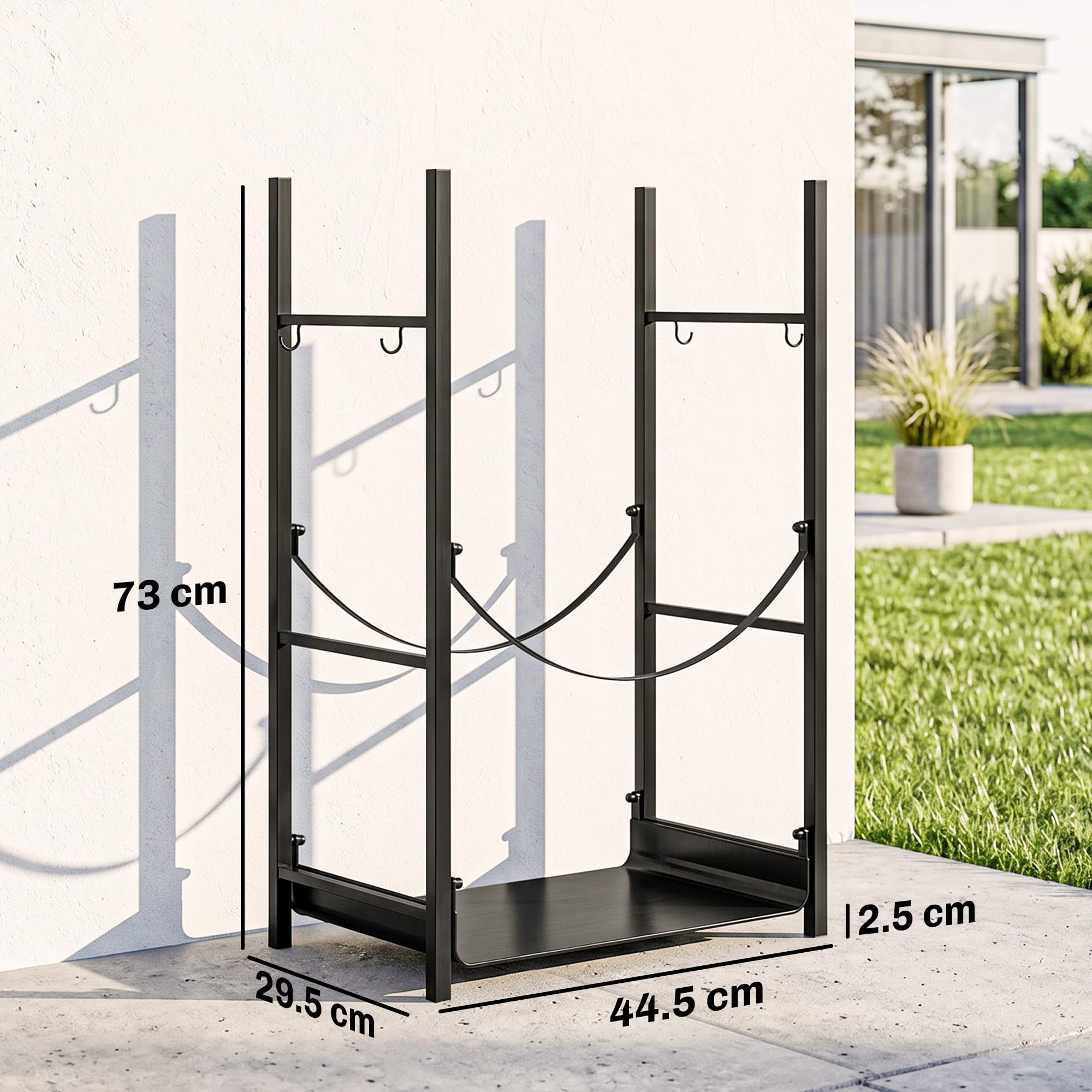 Outsunny Portalegna da Interno ed Esterno Rialzato a 2 Ripiani, Porta Legna da Ardere in Metallo con Supporti Rimovibili, Paletta, Scopa, Attizzatoio e Pinza, Capacità 70 kg, 44.5x29.5x73 cm, Nero