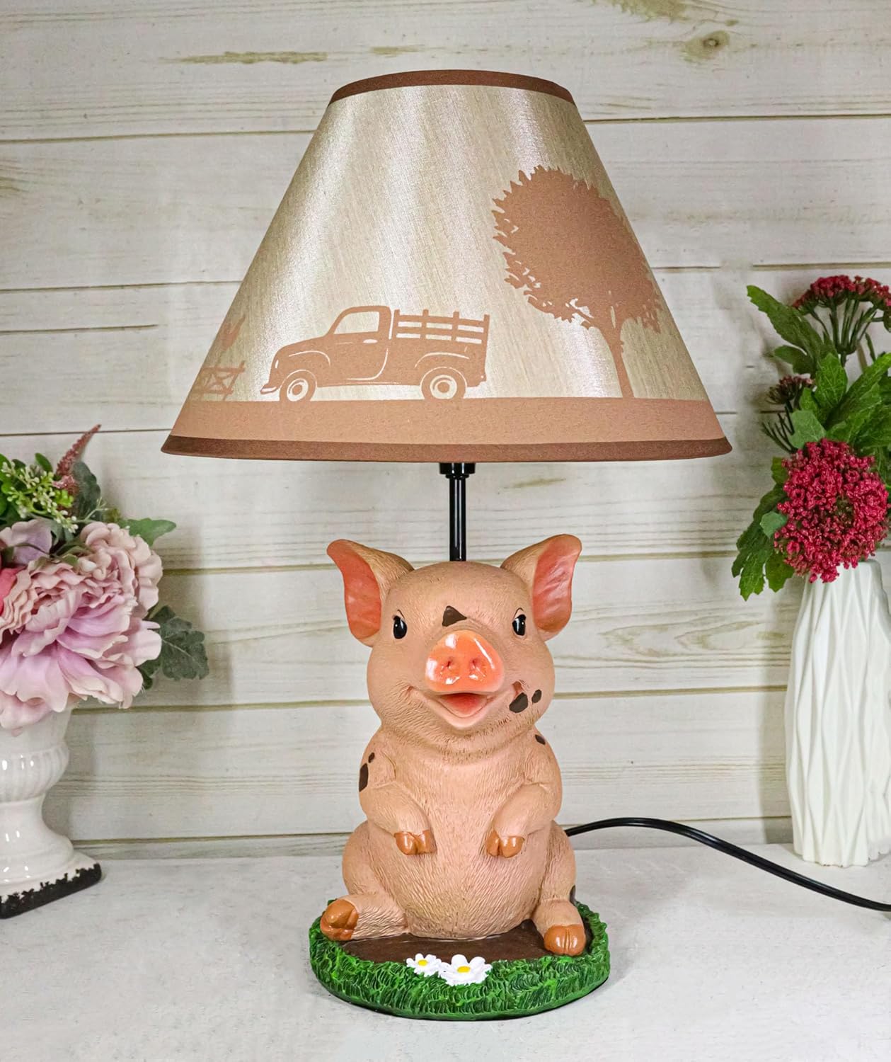 Ebros Gift Rustic Farmhouse Country Pink Babe Piglet Muddy Pig Sculptural Desktop Table Lamp with Windmill Farm Scene Fabric Shade Decorative Accent Light Pigs Swine Boar Accent Decor