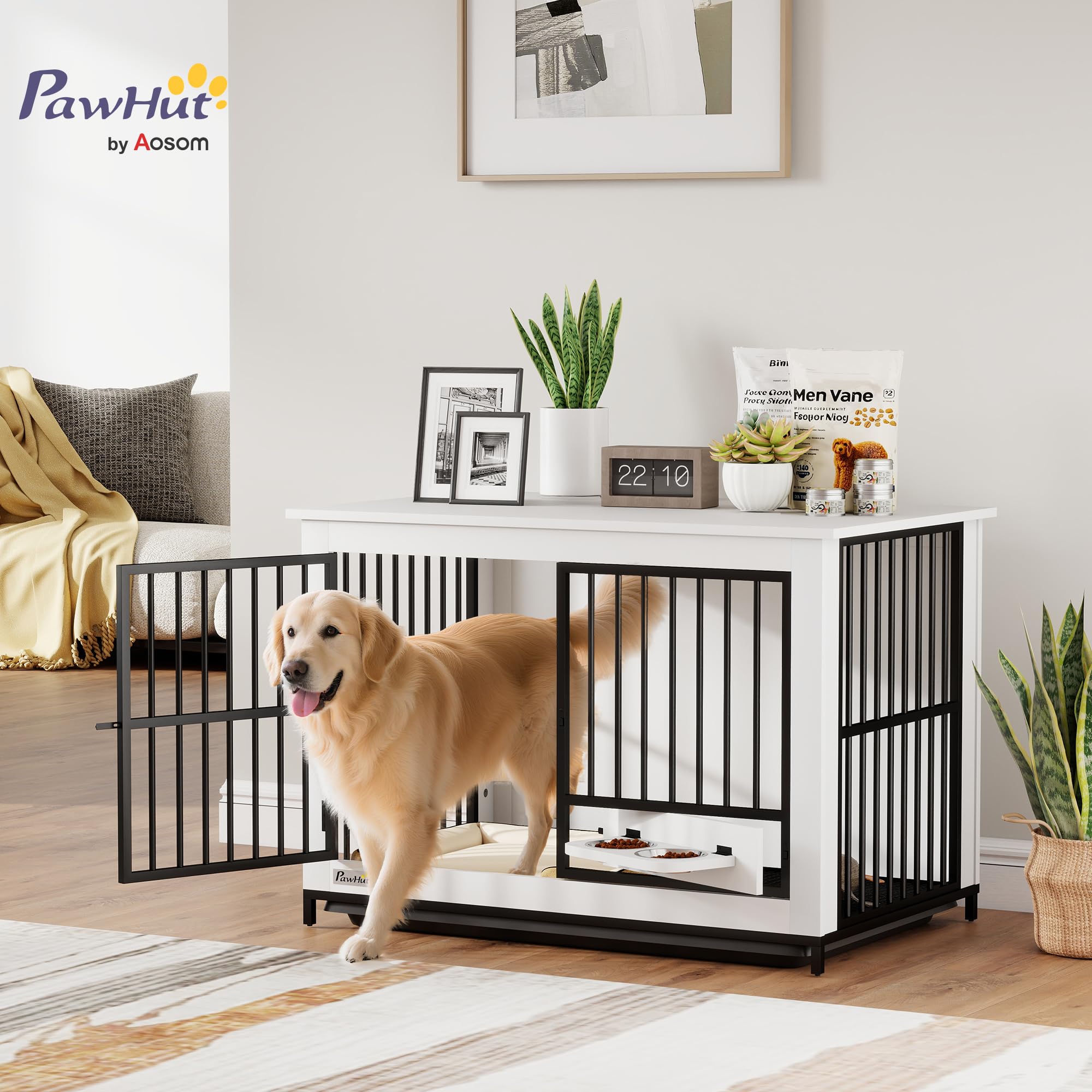 PawHut Hundekäfig Hundebox für Zuhause Abschließbare Hundehütte Indoor mit drehbaren Näpfen, herausnehmbarer Schale für kleine/mittlere/große Hunde Weiß 95 x 60 x 68,5 cm