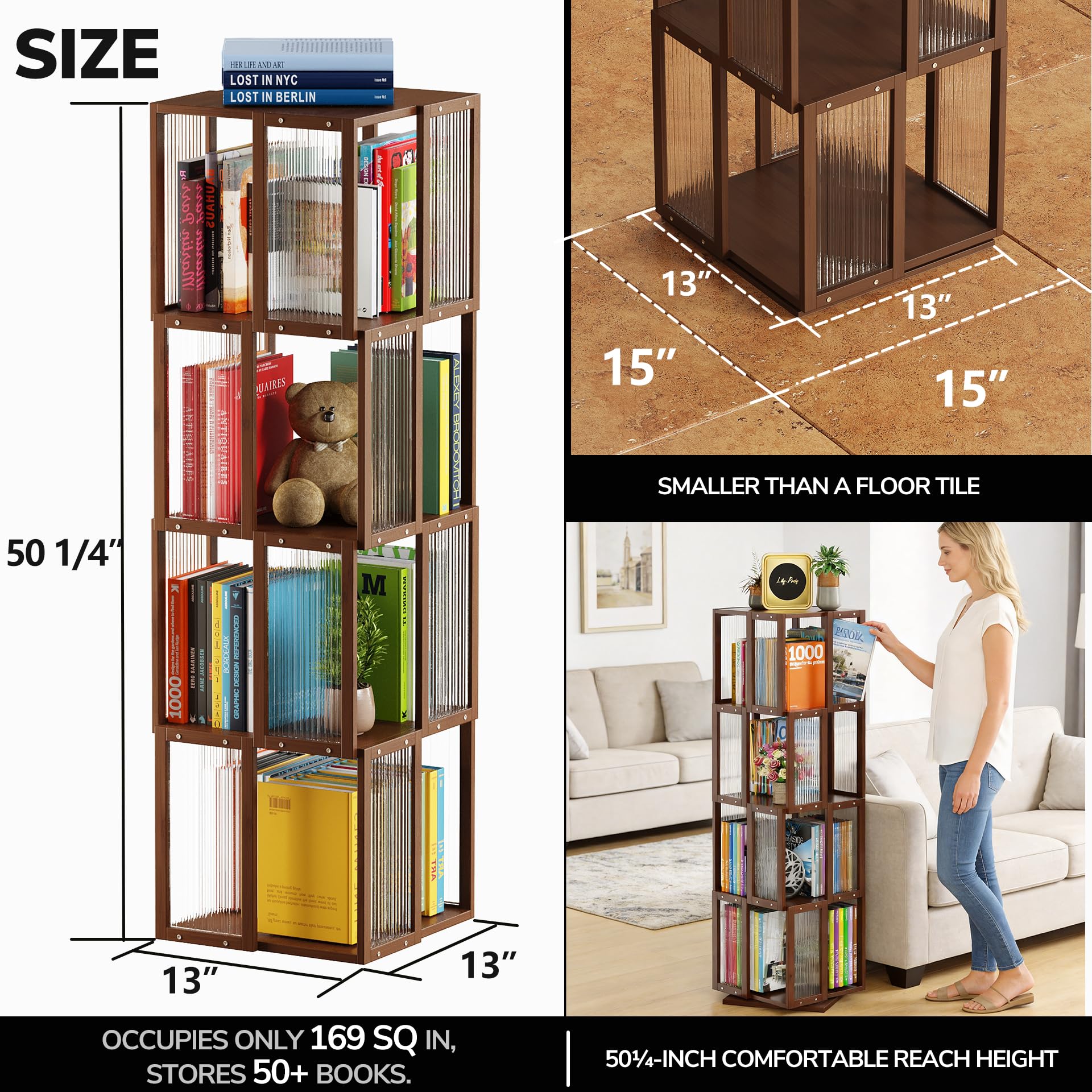 BAMEOS Drehbarer Bücherturm mit 4 Ebenen, 360° drehbares Bücherregal aus Massivholz, braun, Würfelform, Eckregal für Büro, Schlafzimmer und Wohnzimmer