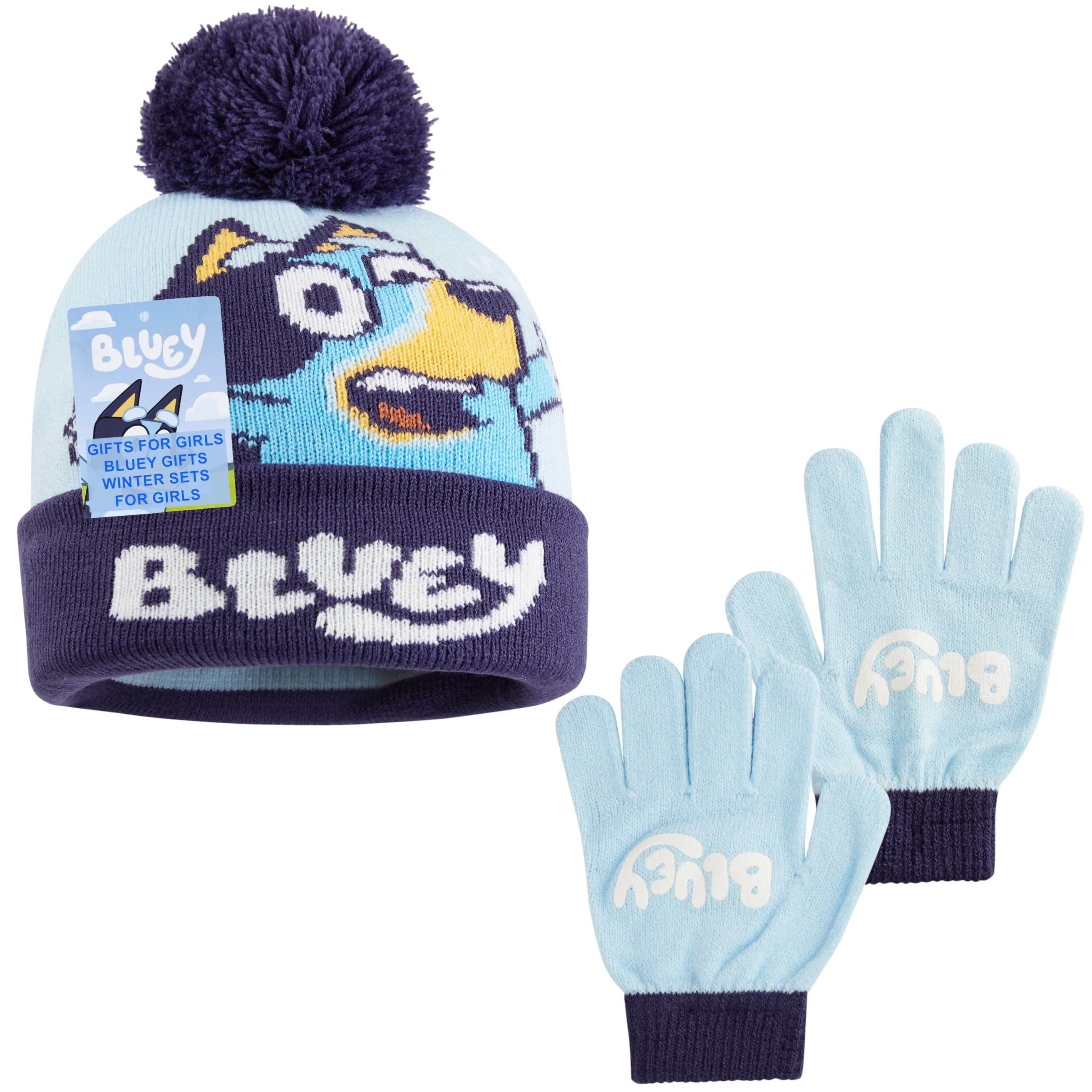 Bluey Winter Hat & Gloves Set for Girls 3-6 Years, 2 or 3 Pcs Warm Cosy Soft Knit Beanie, Gloves & Scarf, Cute Gifts for Kids (Blue 2 Pcs)
