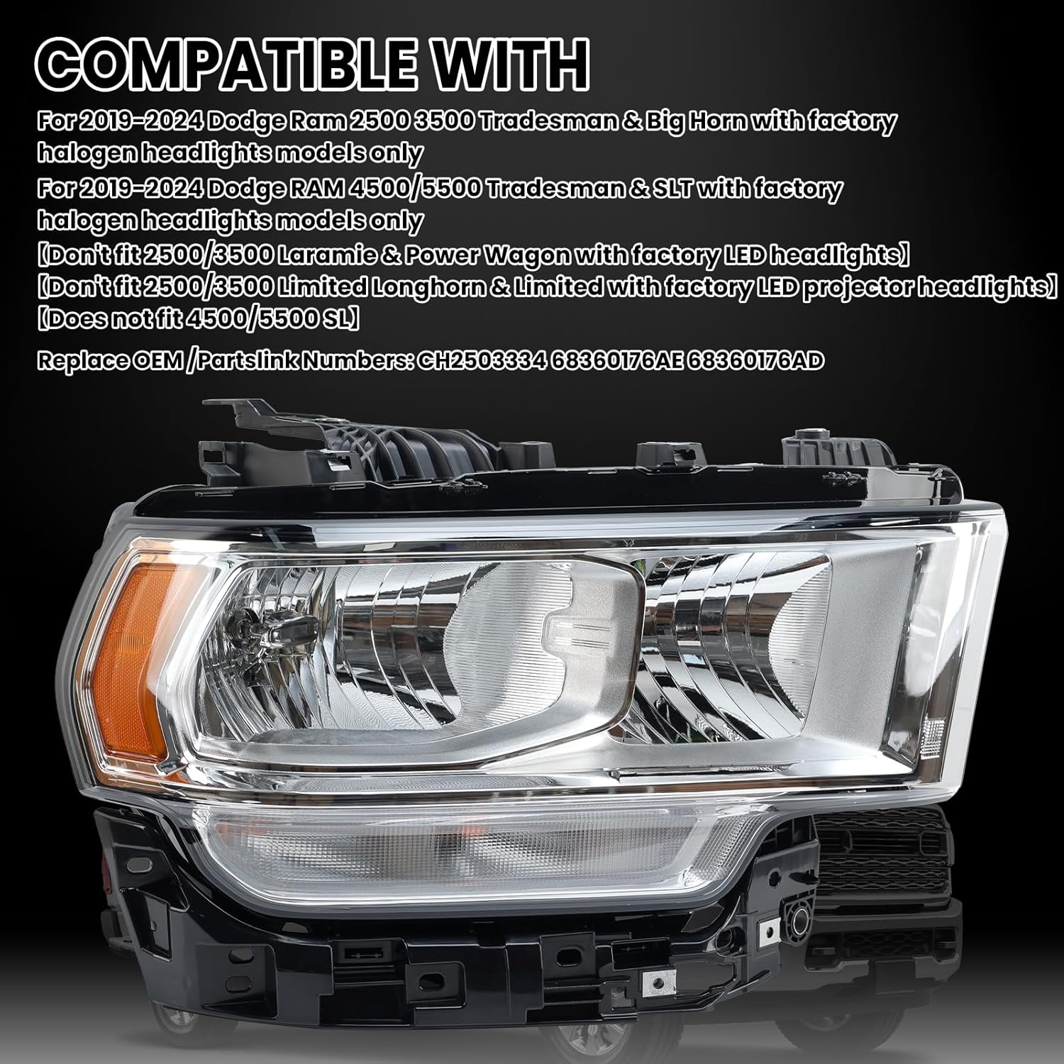 Headlights for 2019-2024 Dodge Ram 2500 3500 Halogen Headlamp Assembly w/bulbs Replace CH2503334 68360176AE Right Passenger Side