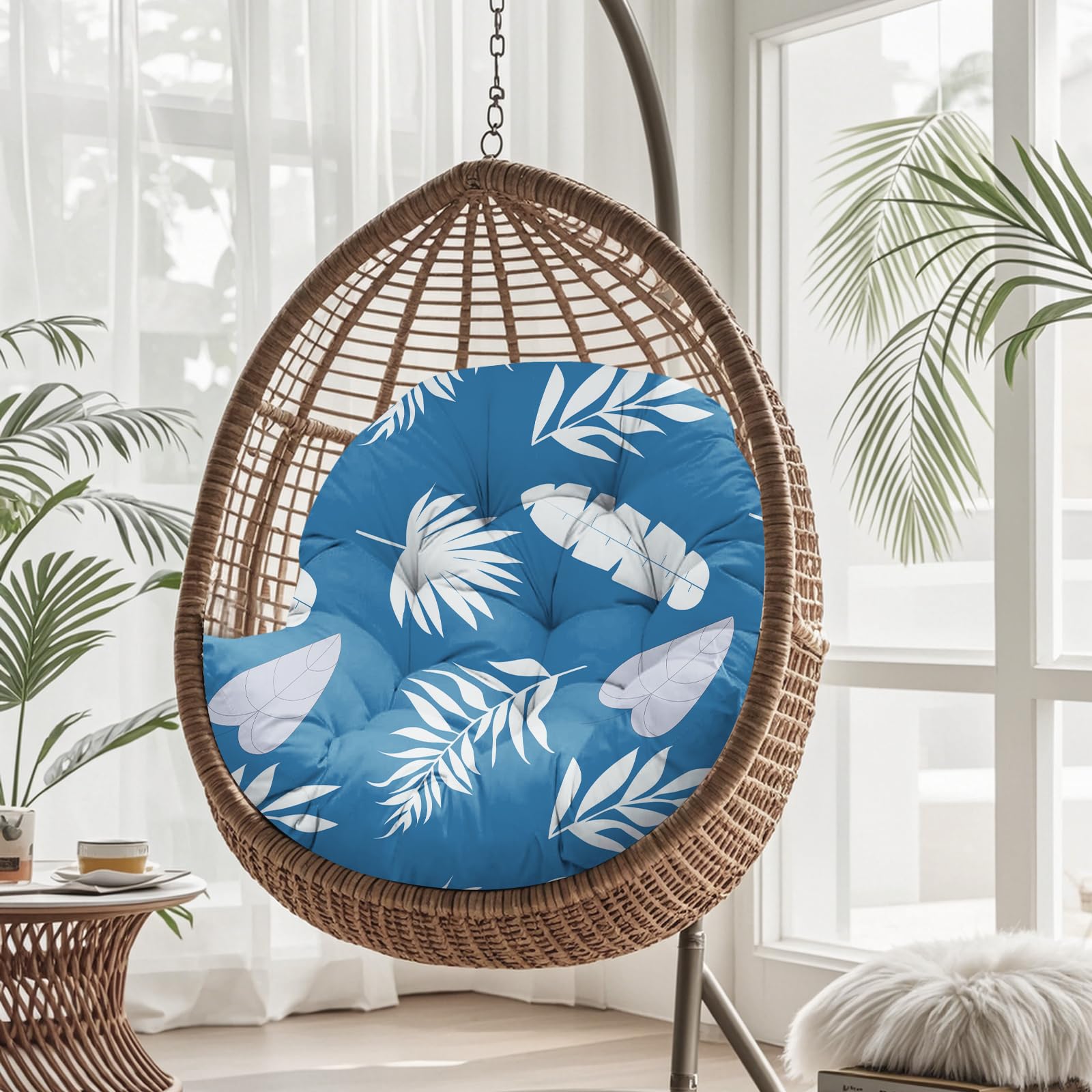 joomie Cojín de repuesto impermeable para columpio de huevo, 120 x 84 x 18 cm de grosor, cojín extraíble con lazos para silla de jardín, hamaca de huevo, hoja azul 2#