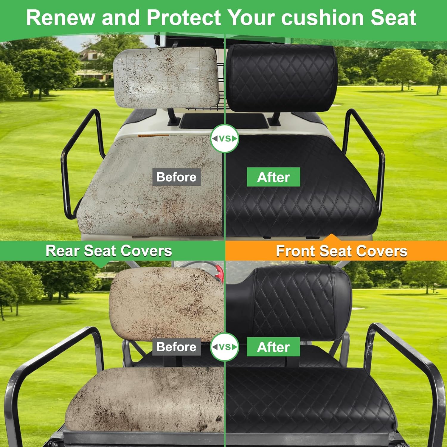 Waterproof Golf Cart Seat Covers Front and Rear Fit for Yamaha G2 G8 G9 G11 G14 G16 G19 G20 G22 Golf Carts Made Resistant Marine Grade PVC Leather Seat Cover,Easy to Install No Staple Required(5PCS)