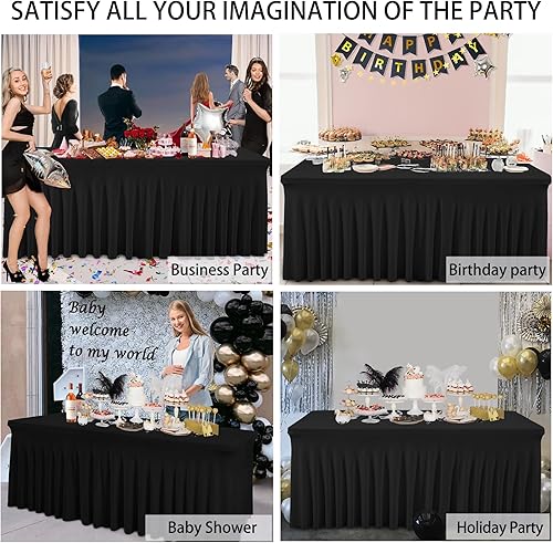 Miniatura 9 de Partisky Faldas de mesa negras para mesas rectangulares, fundas de mesa de elastano de 4 pies, manteles rectangulares de 4 pies, color negro,