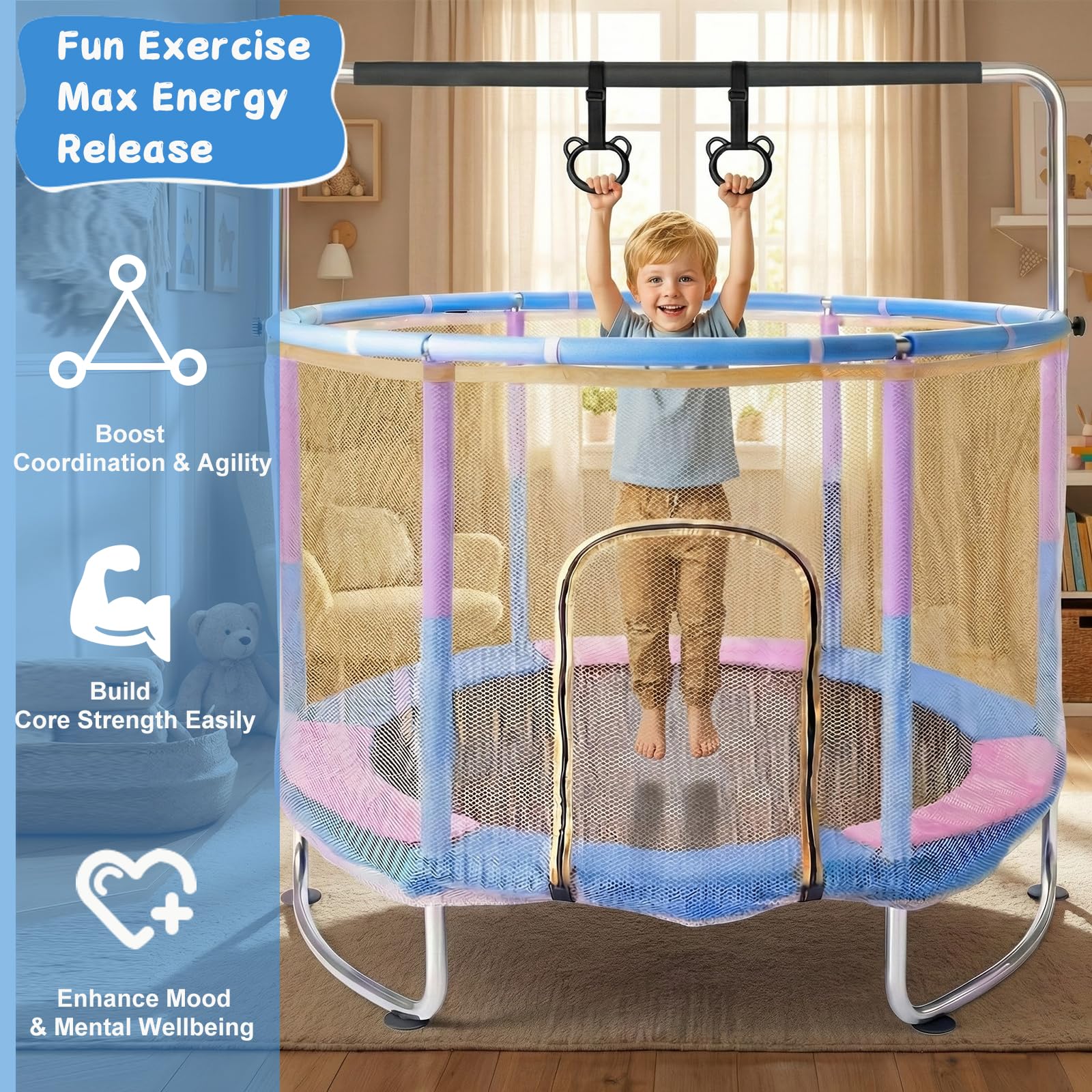 HLC Trampolin für Kinder, 150 kg Tragfähigkeit mit Turnstange, Schaukel, für Innen und Außenbereich.