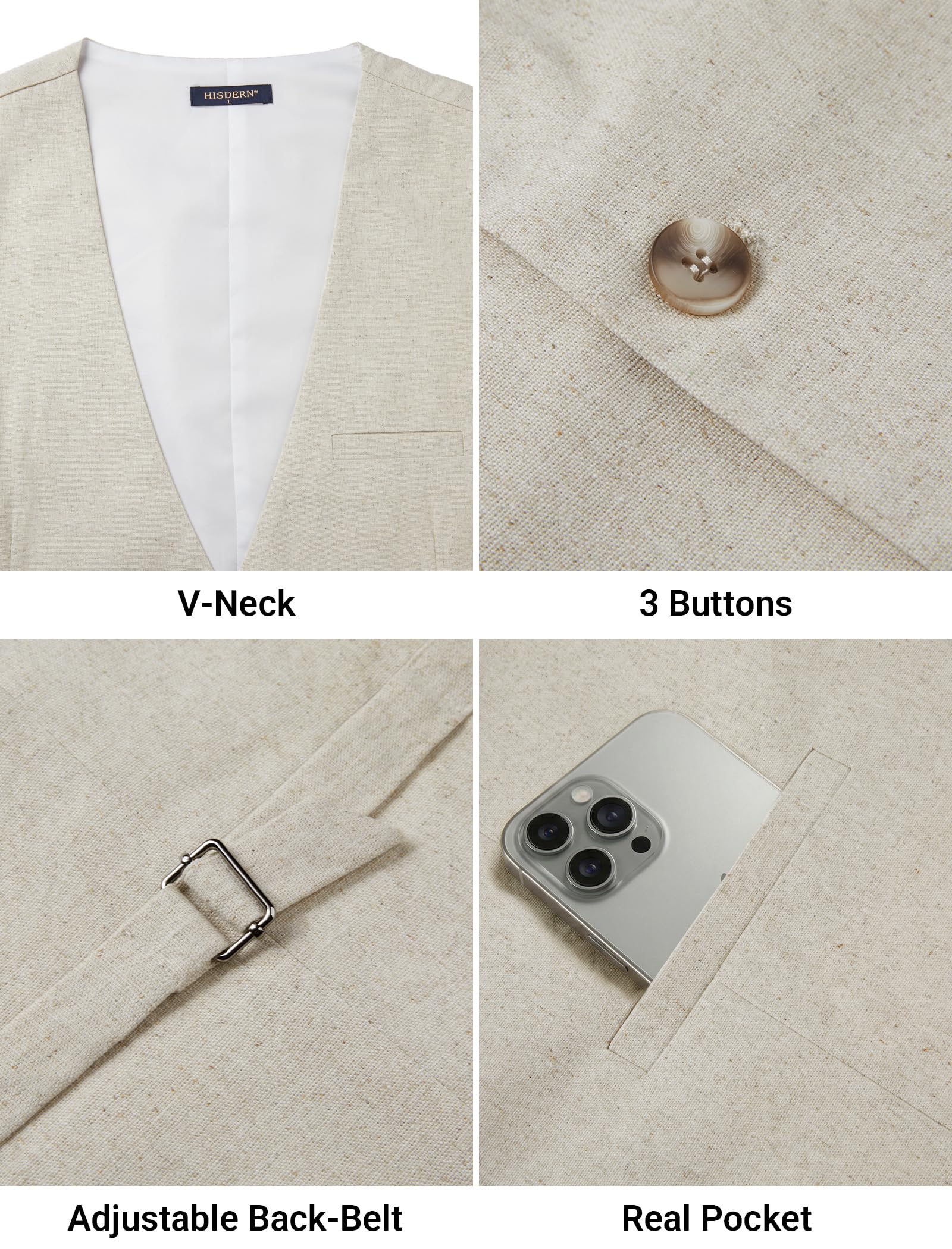 HISDERN Chaleco de hombre de verano de algodón y lino para traje ideal para bodas fiestas y negocios con bolsillos