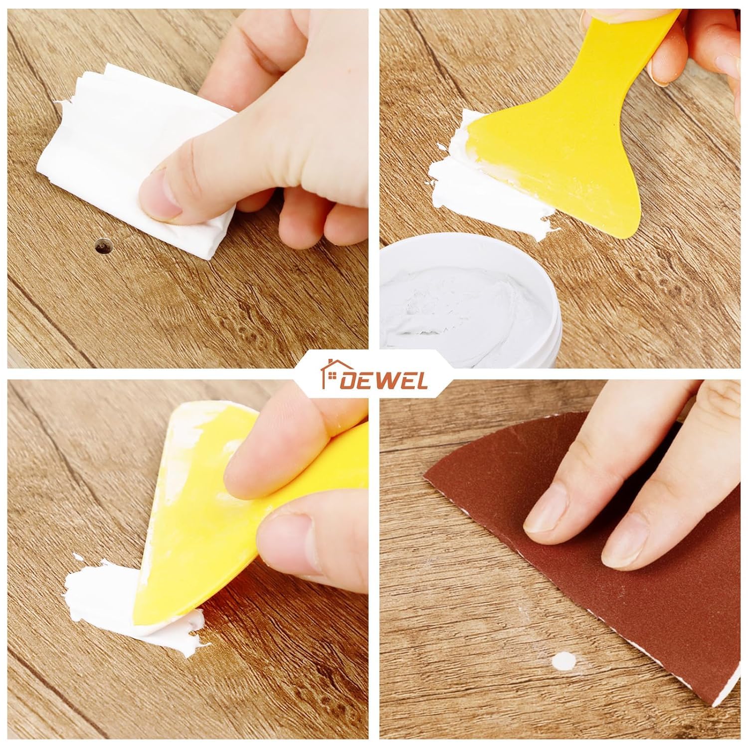 DEWEL Stucco per Legno Bianco all'Acqua 200g-Kit Riparazione Mobili-Riempire Buchi e Crepe