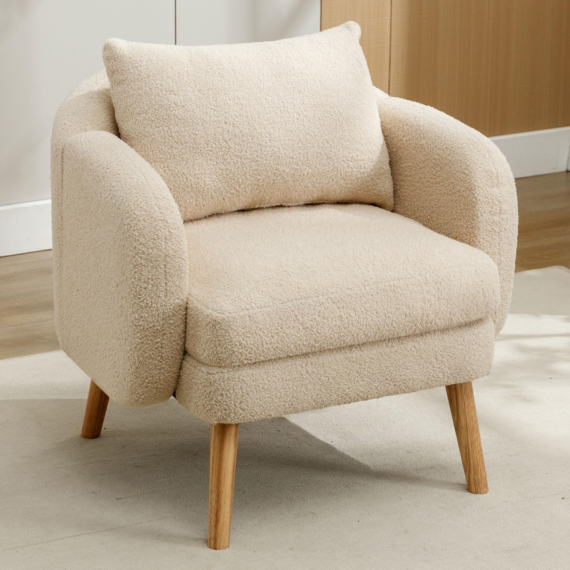 Karl Home Sedia Retrò In Legno Massello E Tessuto Felpato | Poltrona Stile Mid-century | Bianco Crema Per Soggiorno