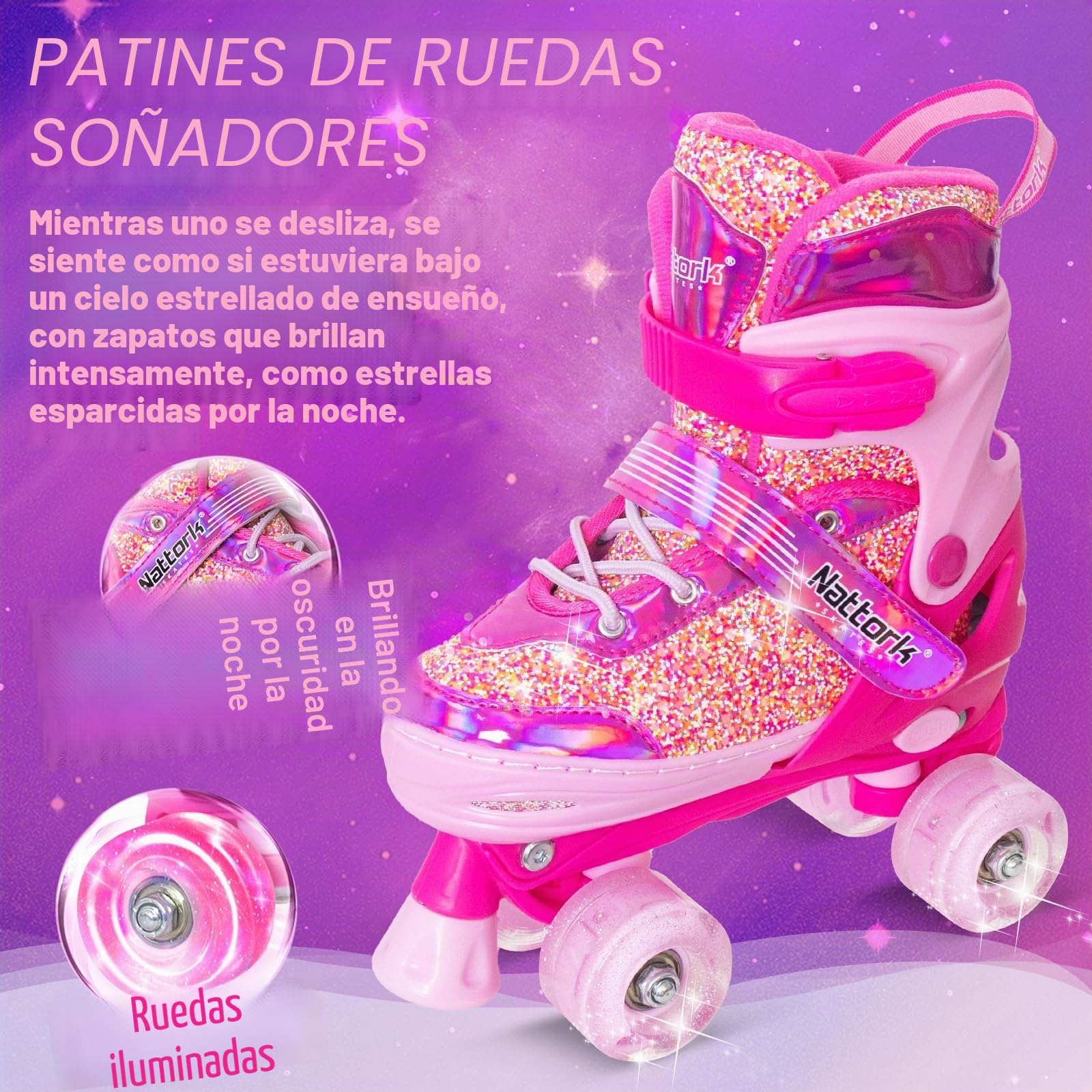 Nattork Patines de ruedas para niños, ajustables, con 4 tamaños, patines de ruedas para niñas, niños principiantes, interiores y exteriores
